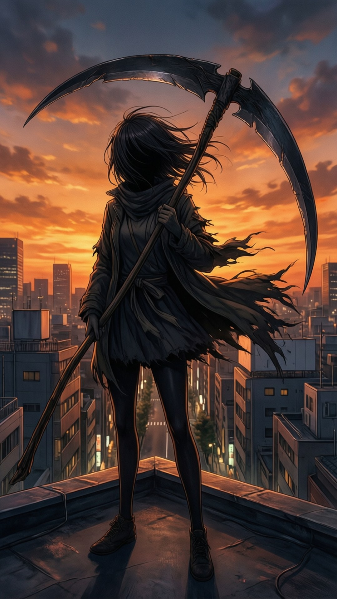 黃昏剪影 壁紙 — 一個黑髮動漫女孩拿著鐮刀，站在屋頂上俯瞰夕陽下帶有火橙色雲彩的城市。