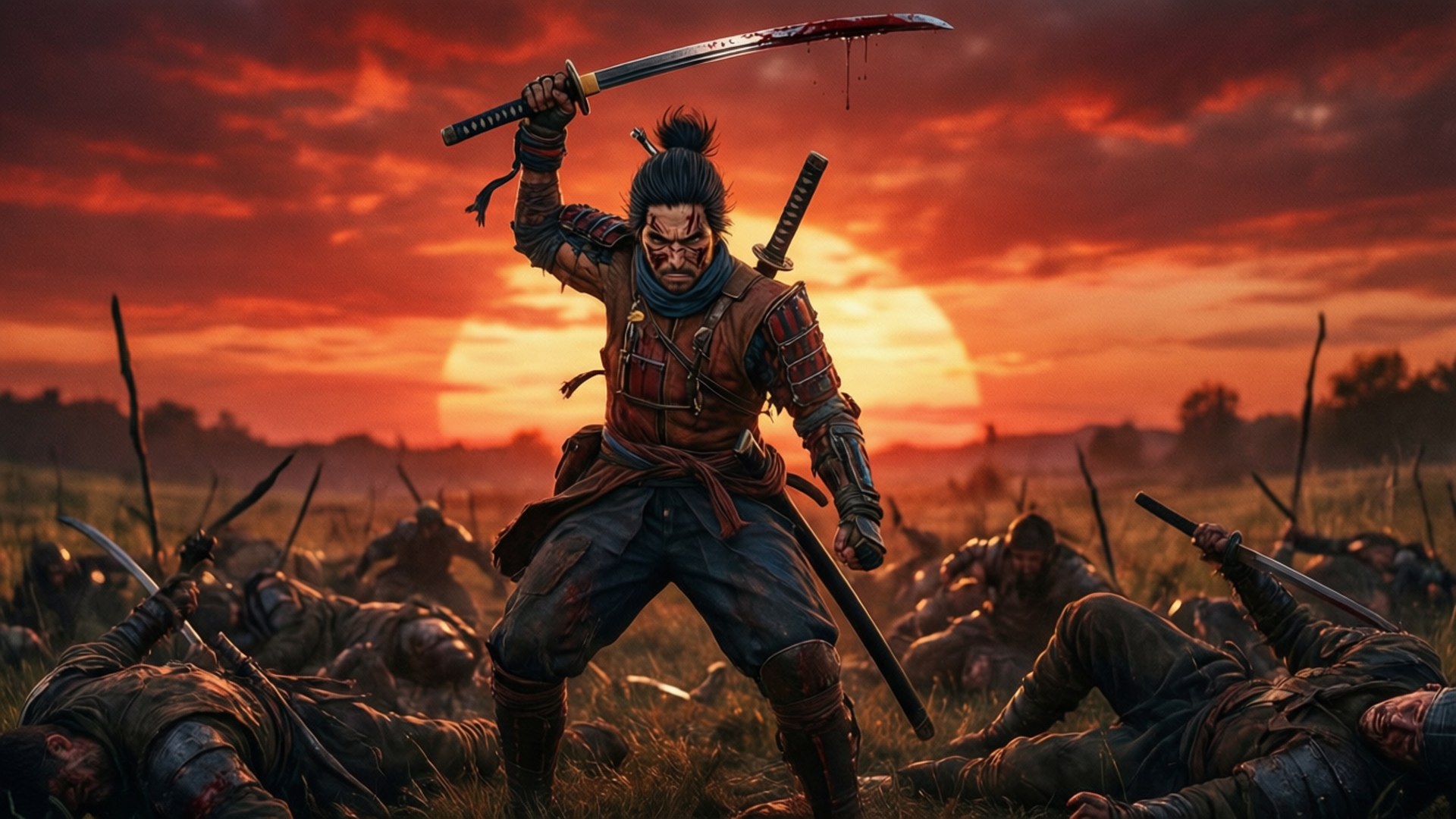 武士戰士在日落時分的戰鬥中獲勝，手持血劍，周圍是倒下的敵人