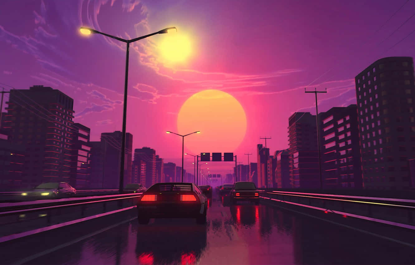 黃昏天空下道路上的汽車圖像 壁紙 — 夕陽下嘅復古未來城市景觀，喺充滿活力嘅粉紅同紫色天空下，發光嘅汽車喺濕滑嘅高速公路上行駛。