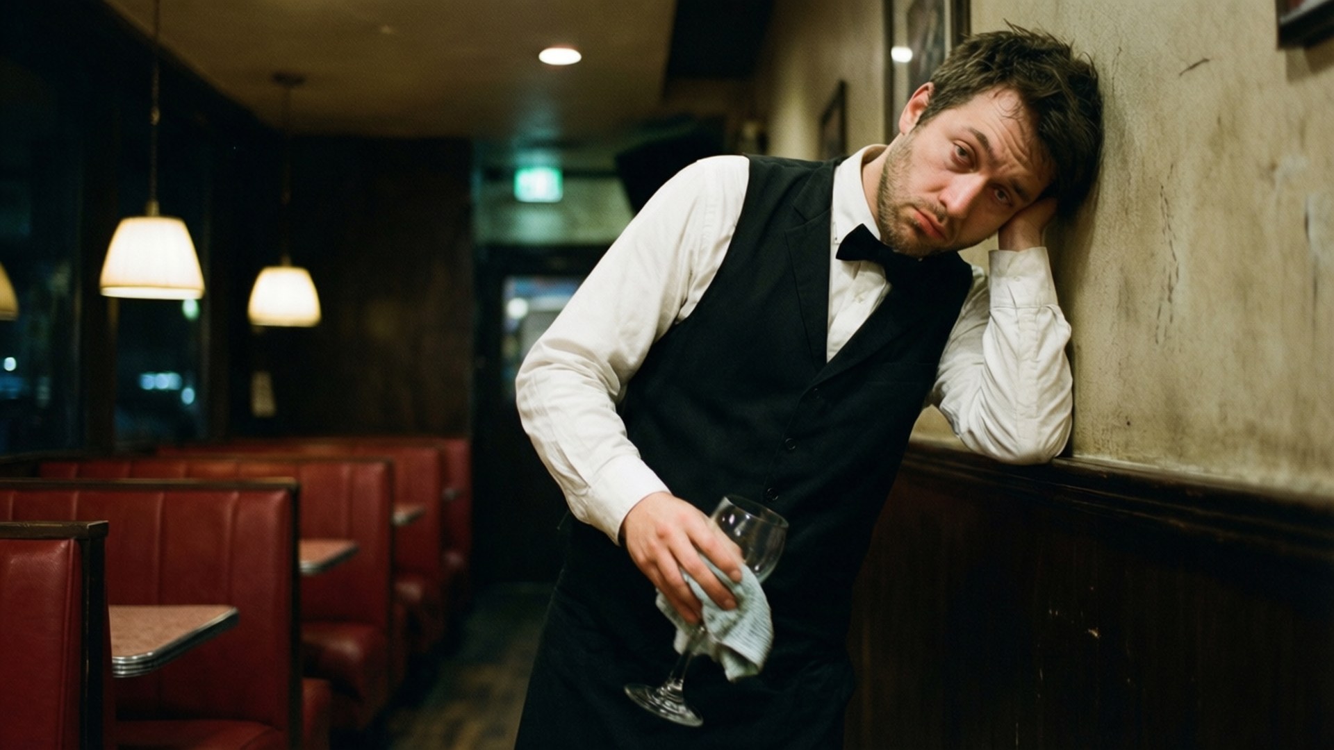 疲憊侍應靠牆手持酒杯在昏暗餐廳。