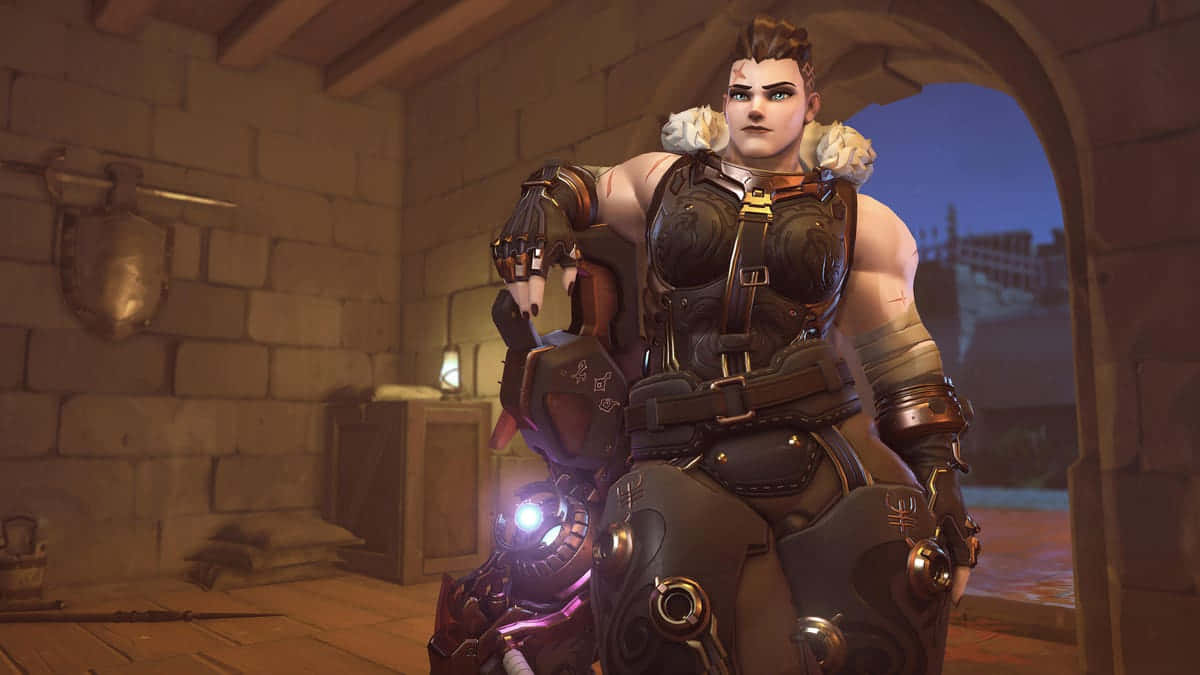 Overwatch Zarya 桌布 壁紙 — 黃昏時分，一位肌肉發達、身穿鎧甲的戰士，戴著發光的護手，坐在石牆房間裡。