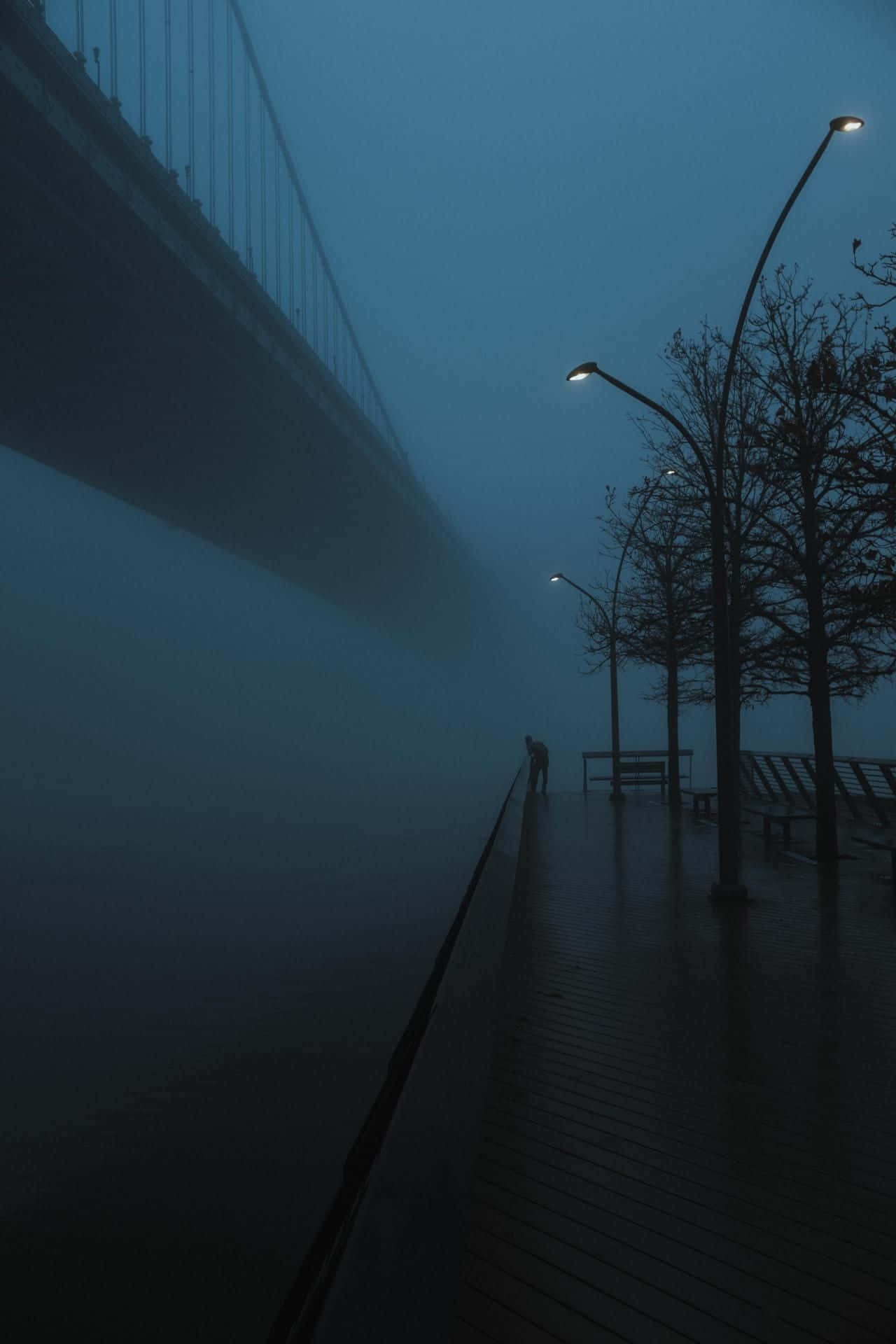 evil 桌布 壁紙 — 黃昏時分，一個孤獨的身影在霧氣瀰漫的海濱木板路上行走，上方是巍然聳立的吊橋。
