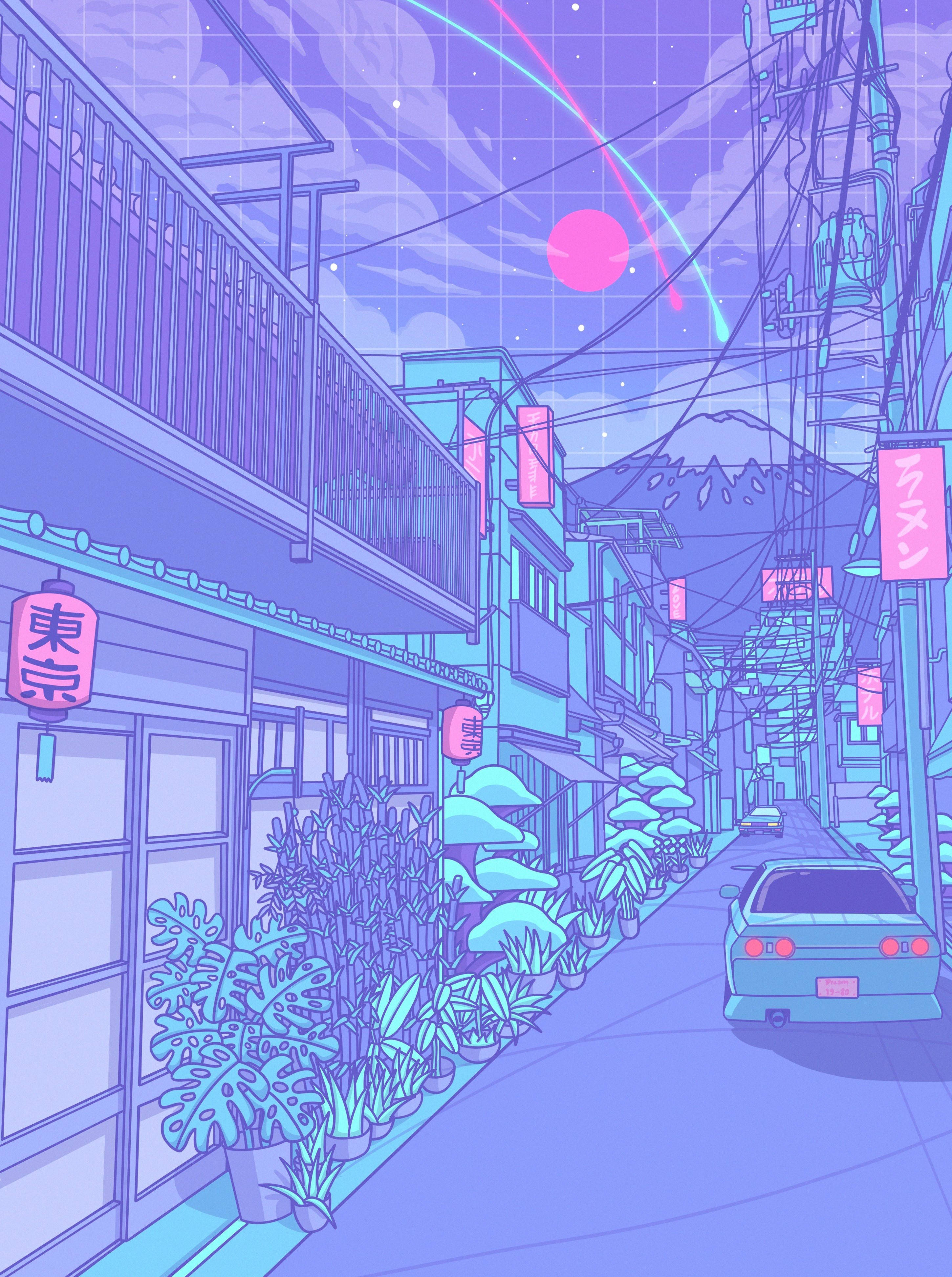japanese aesthetic iPhone 桌布 壁紙 — 黃昏時分，一條充滿霓虹燈的動漫街道，帶有發光的粉紅色太陽和一輛停在盆栽植物旁邊的跑車。