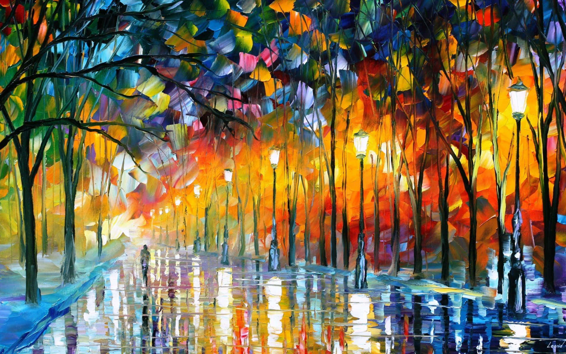 Impressionism 桌布 壁紙 — 黃昏時分，一條色彩繽紛的彩繪小巷，在發光路燈下，潮濕的路面映照著色彩斑斕的樹木。