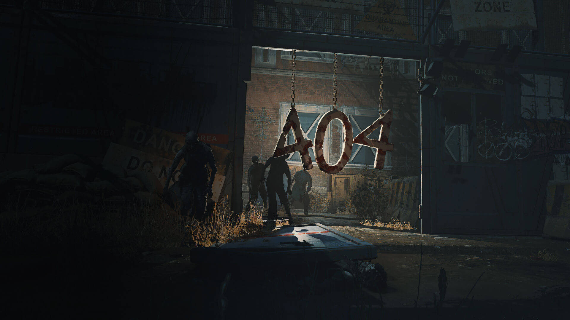 Dying Light 2 Unit 404 壁紙 — 黃昏時分，剪影人物站在一個廢棄工業門口掛著的生鏽A04標誌前。