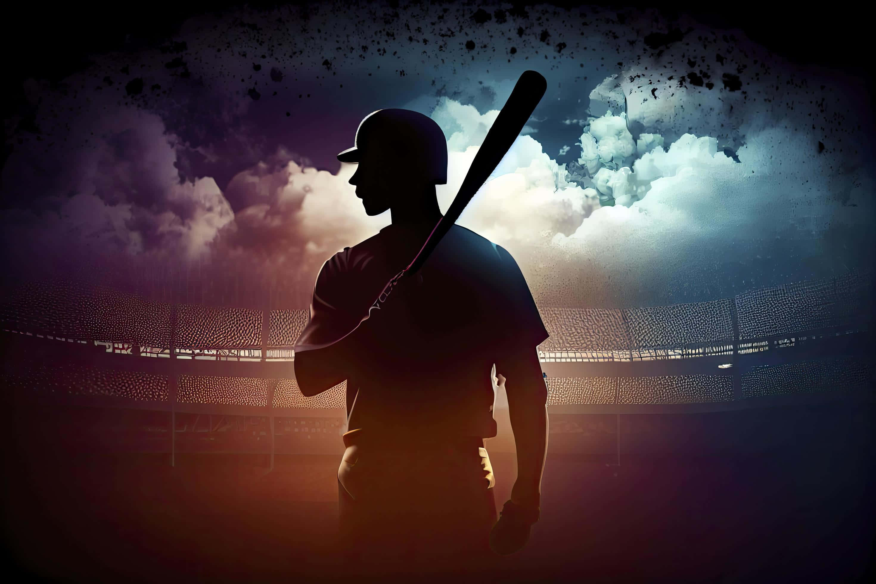 baseball bat 桌布 壁紙 — 黃昏時分，在球場上，一名棒球運動員手持球棒，映襯著戲劇性的多雲天空的剪影。