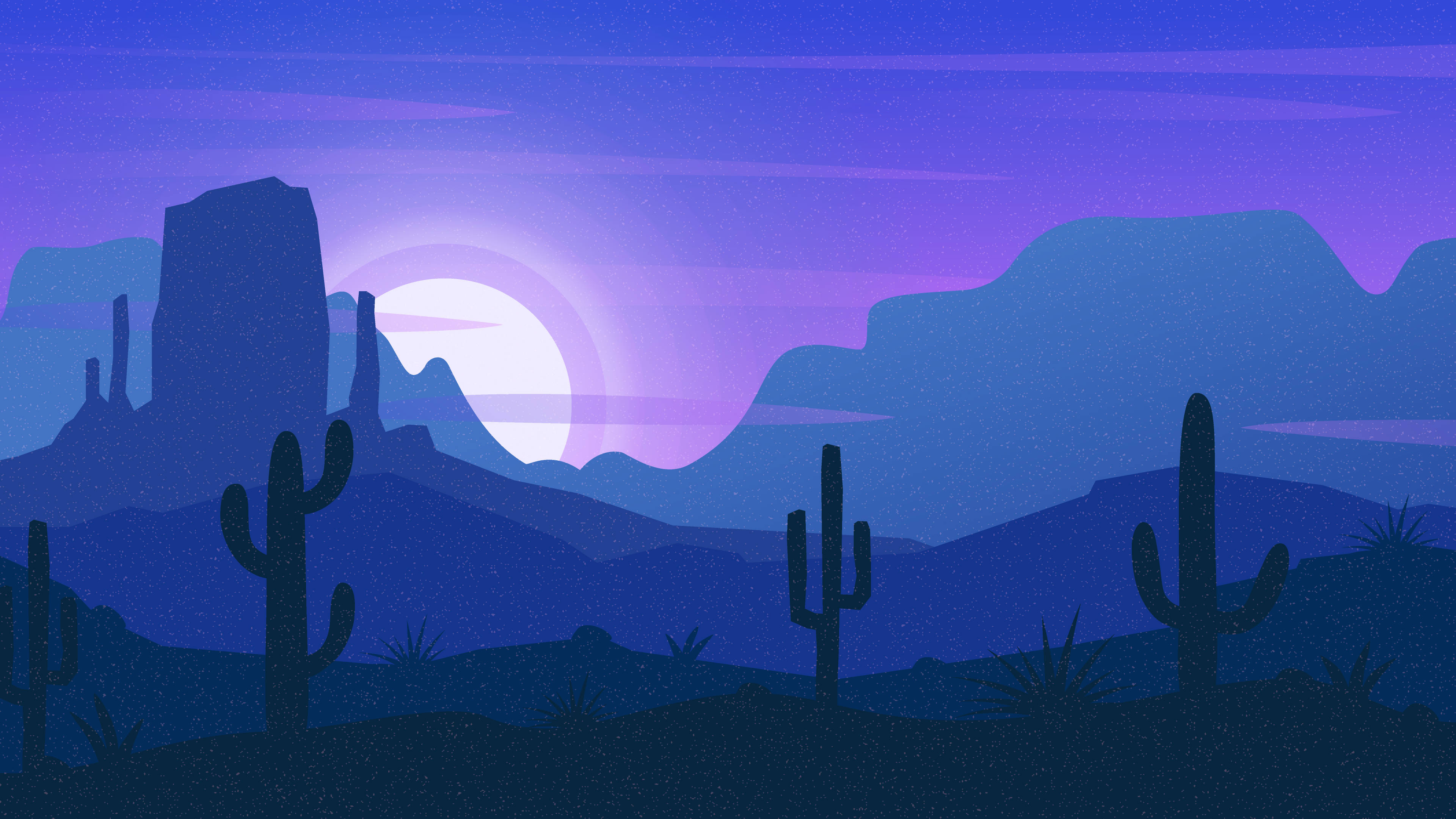 Desert 桌布 壁紙 — 黃昏時分，在發光的紫色月亮下，一個風格化的沙漠景觀，帶有仙人掌和台地的剪影。