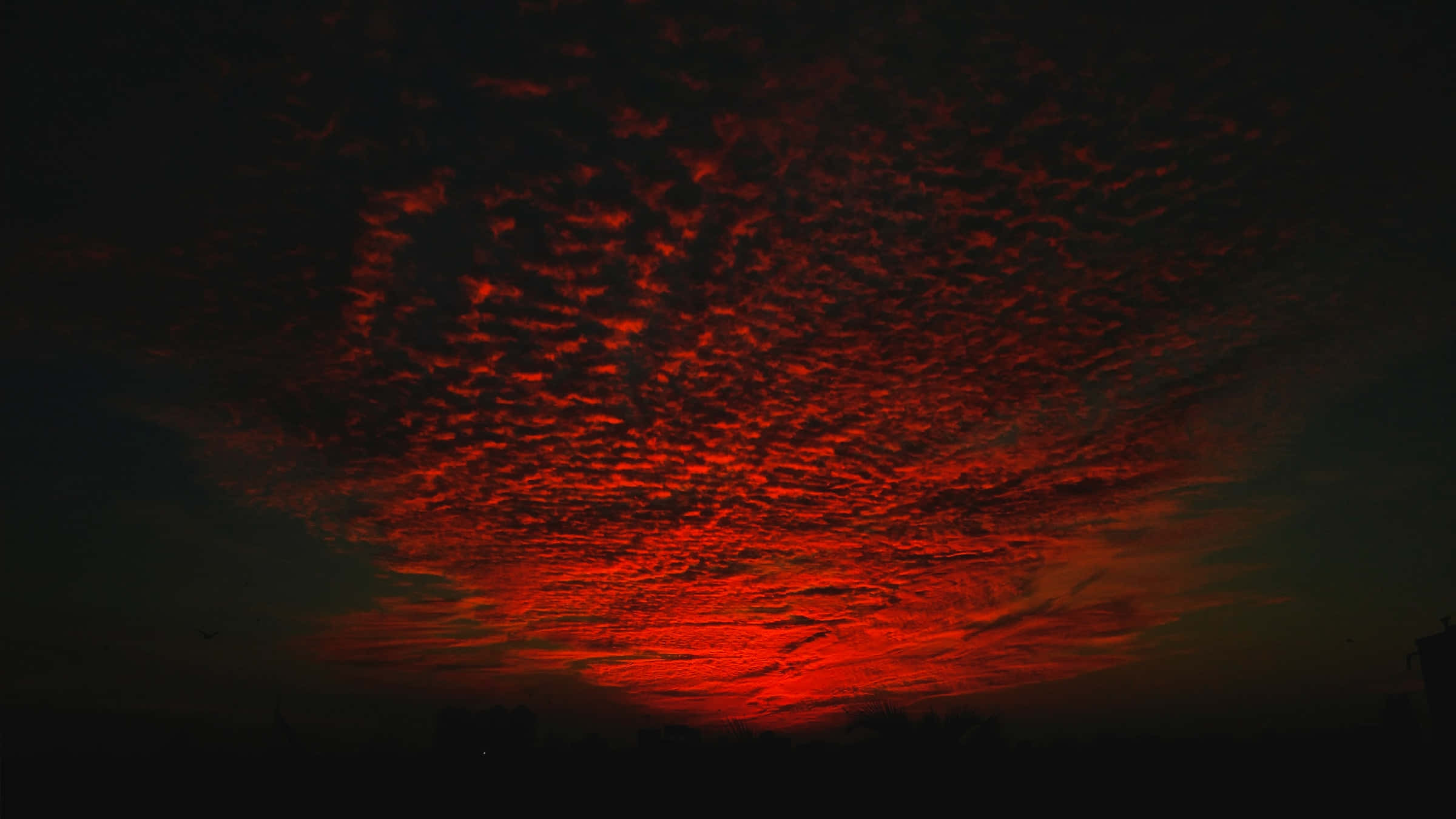 Red Sunset 桌布 壁紙 — 黃昏時分，天空戲劇性地燃燒著火紅的雲彩，在黑暗的剪影地平線上投下不祥的光芒。