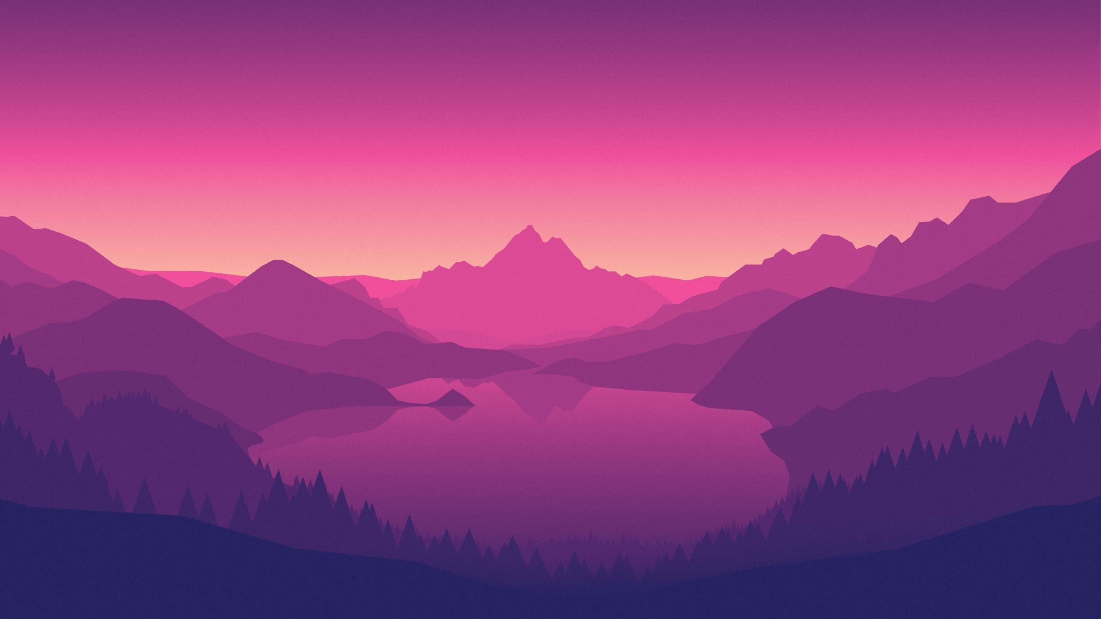 Firewatch 桌布 壁紙 — 黃昏時分，寧靜的山間湖泊沐浴在充滿活力的粉紅色和紫色色調中，山峰和松樹的層疊剪影。