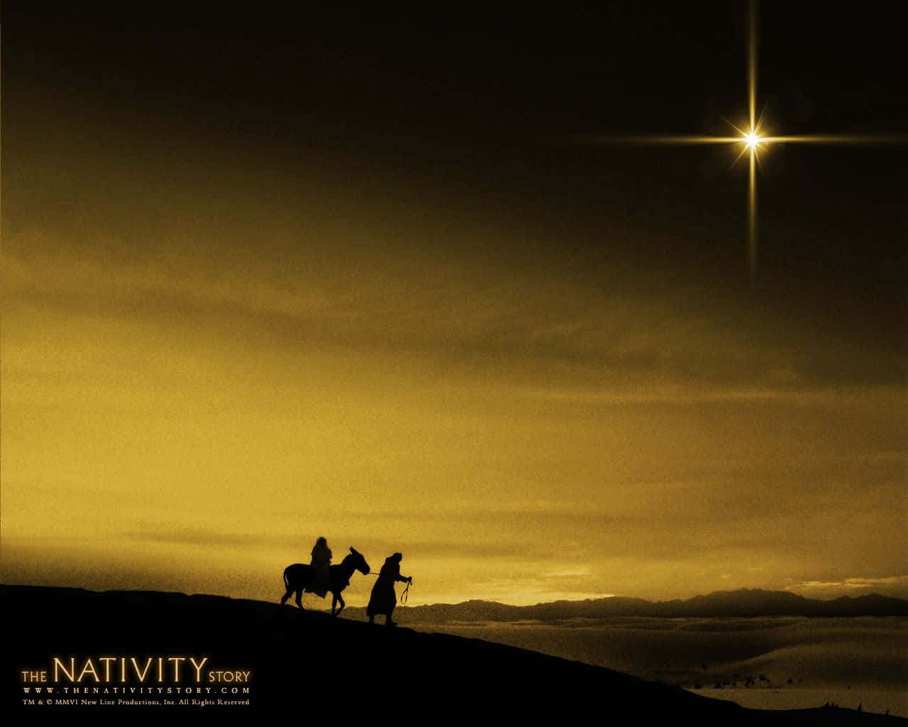 Nativity Scene 桌布 壁紙 — 黃昏時分，山丘上的剪影人物仰望一顆穿透金色天空的璀璨星星。