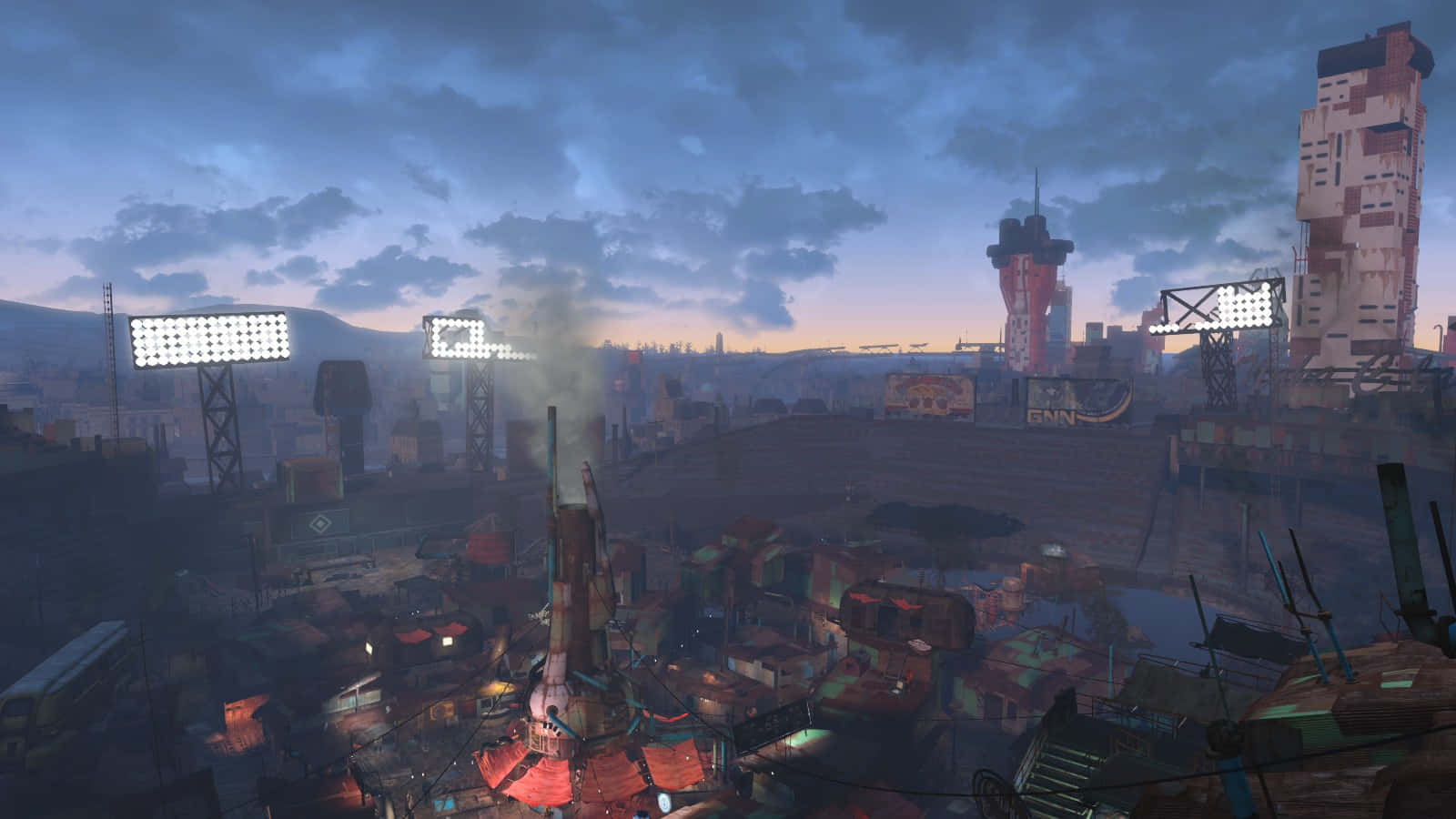 Diamond City 桌布 壁紙 — 黃昏時分，廣闊的反烏托邦城市景觀，高聳的建築物、發光的廣告牌，以及工業區升起的蒸汽，籠罩在陰鬱的暮色天空下。