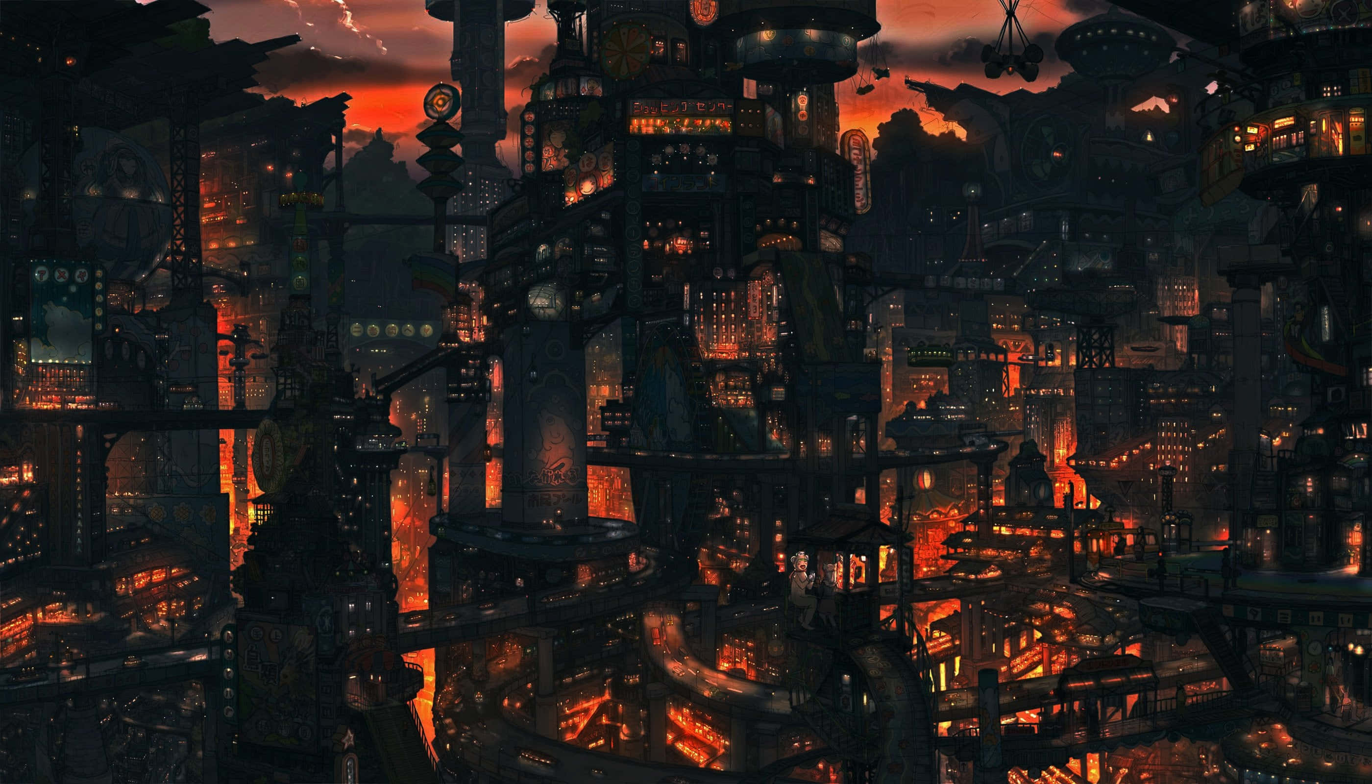Dark Steampunk 桌布 壁紙 — 黃昏時分，廣闊的賽博龐克城市景觀，高聳的霓虹燈摩天大樓和發光的窗戶映襯著火紅的橙色天空。