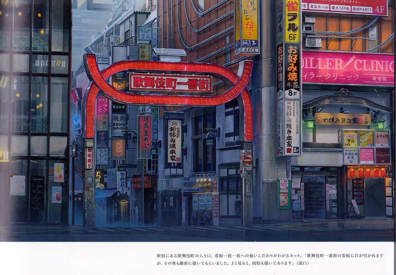 Weathering With You 桌布 壁紙 — 黃昏時分，東京一條下雨的霓虹燈小巷，發光的招牌和潮濕的路面反射出鮮豔的色彩。