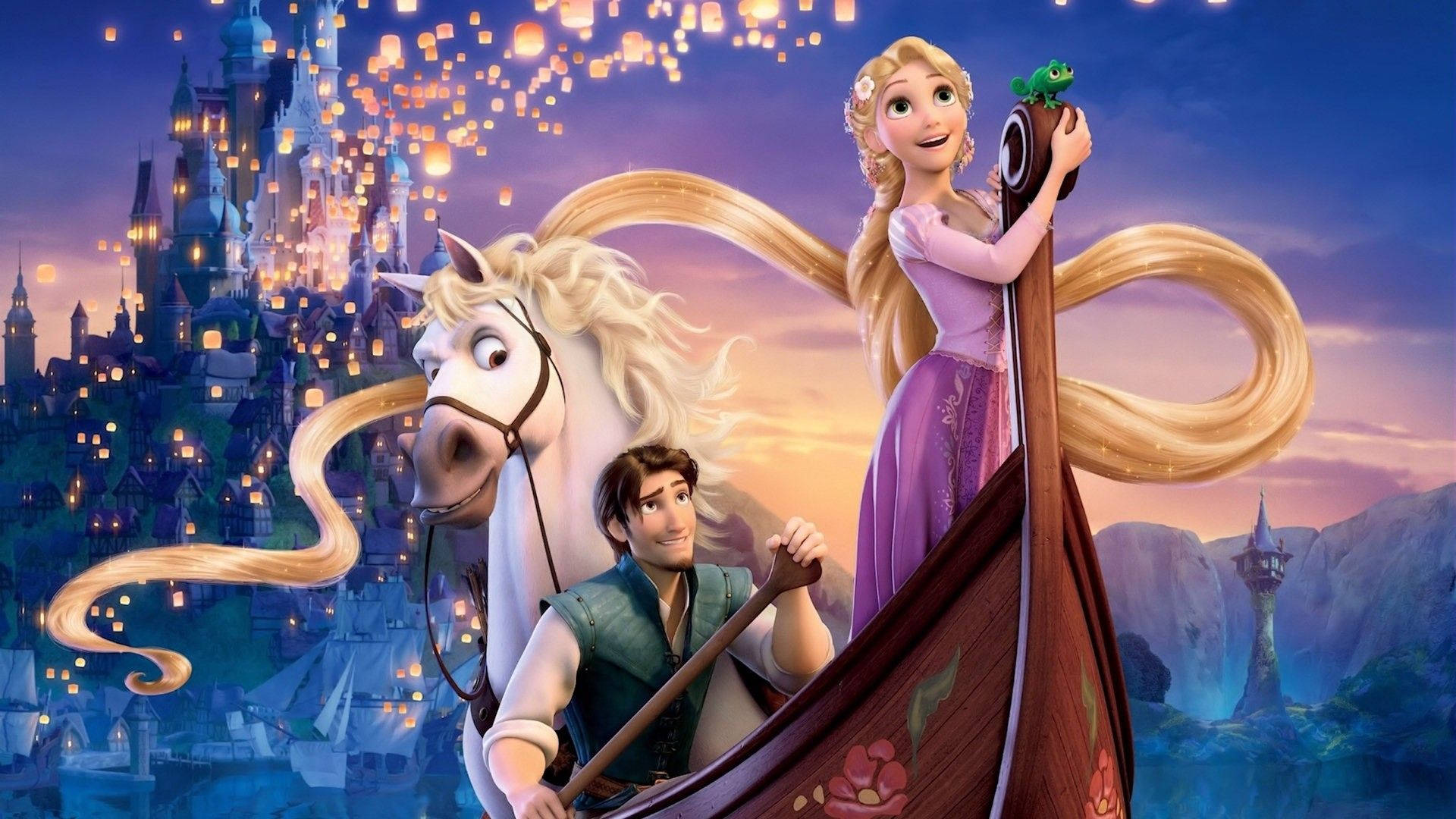 Disney Princess 桌布 壁紙 — 黃昏時分，樂佩和費林·雷德與一匹會說話的馬一起划船，燈籠飄向發光的城堡。