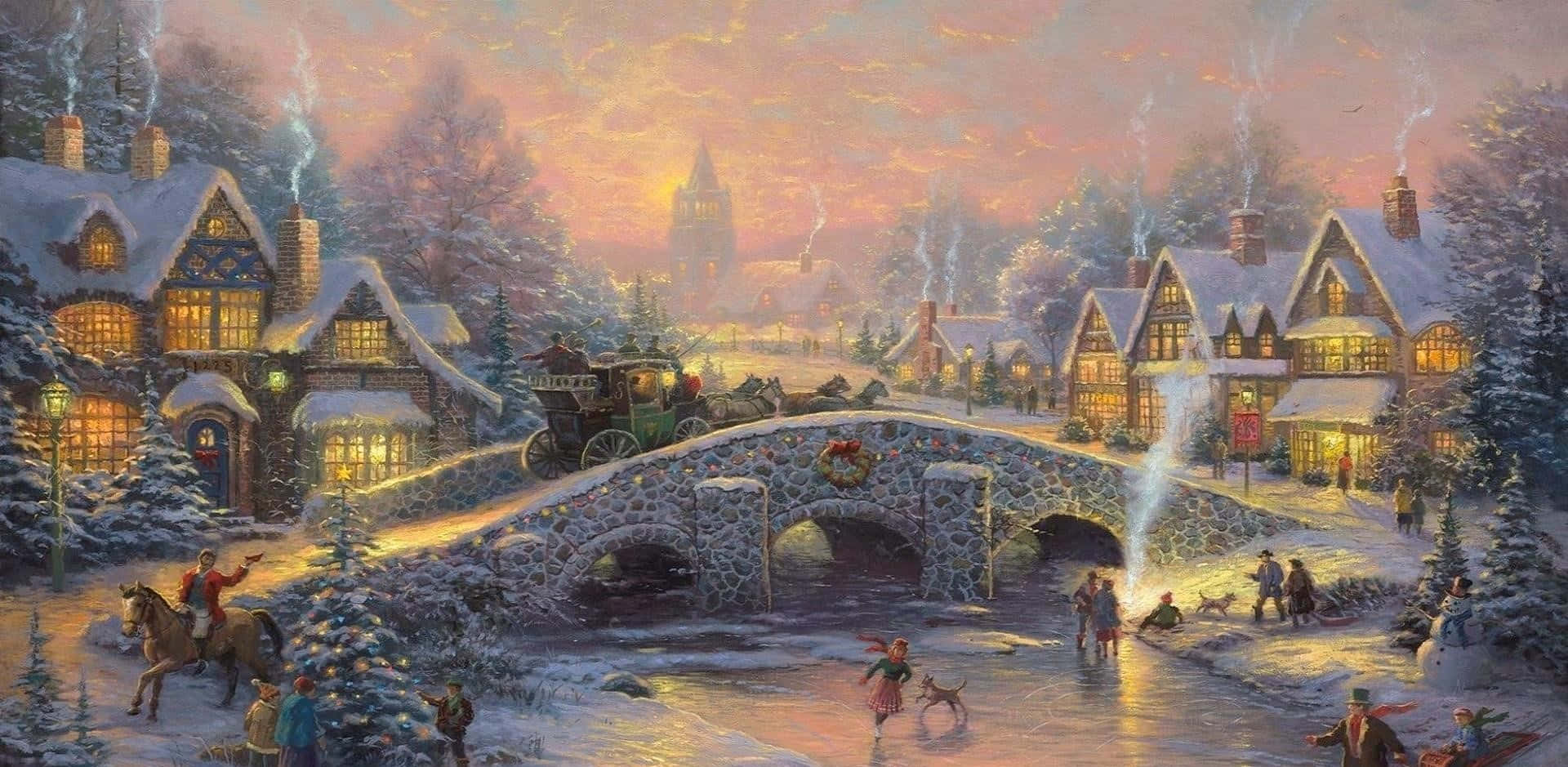 Winter Art 桌布 壁紙 — 黃昏時分，白雪覆蓋著一個舒適的村莊，人們在溫暖發光的窗戶下的石橋附近溜冰、騎馬和聚集。