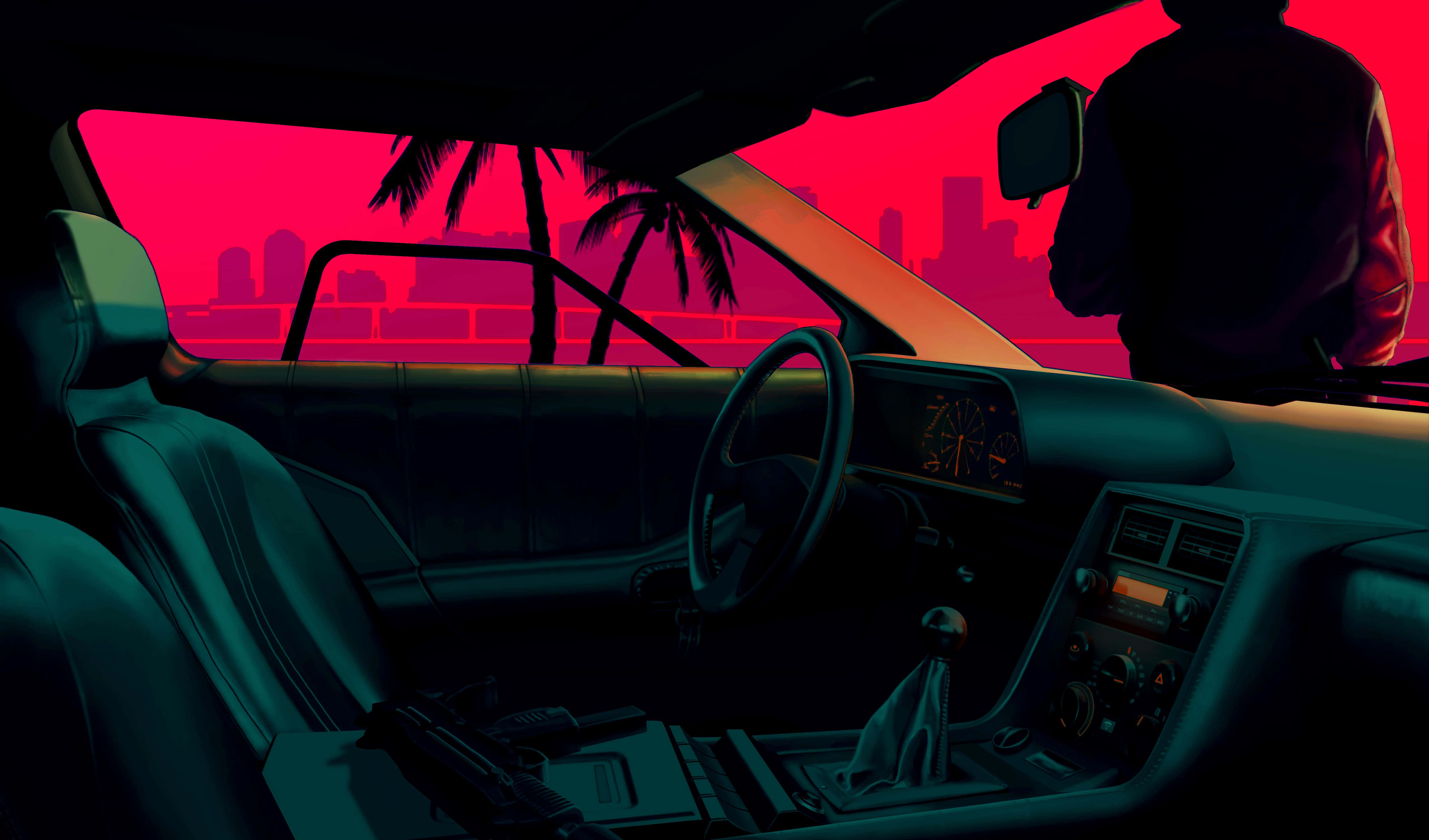 Neon Lights 桌布 壁紙 — 黃昏時分，車廂內充滿霓虹燈光，司機的剪影映襯著充滿活力的粉紅色城市景觀和棕櫚樹。