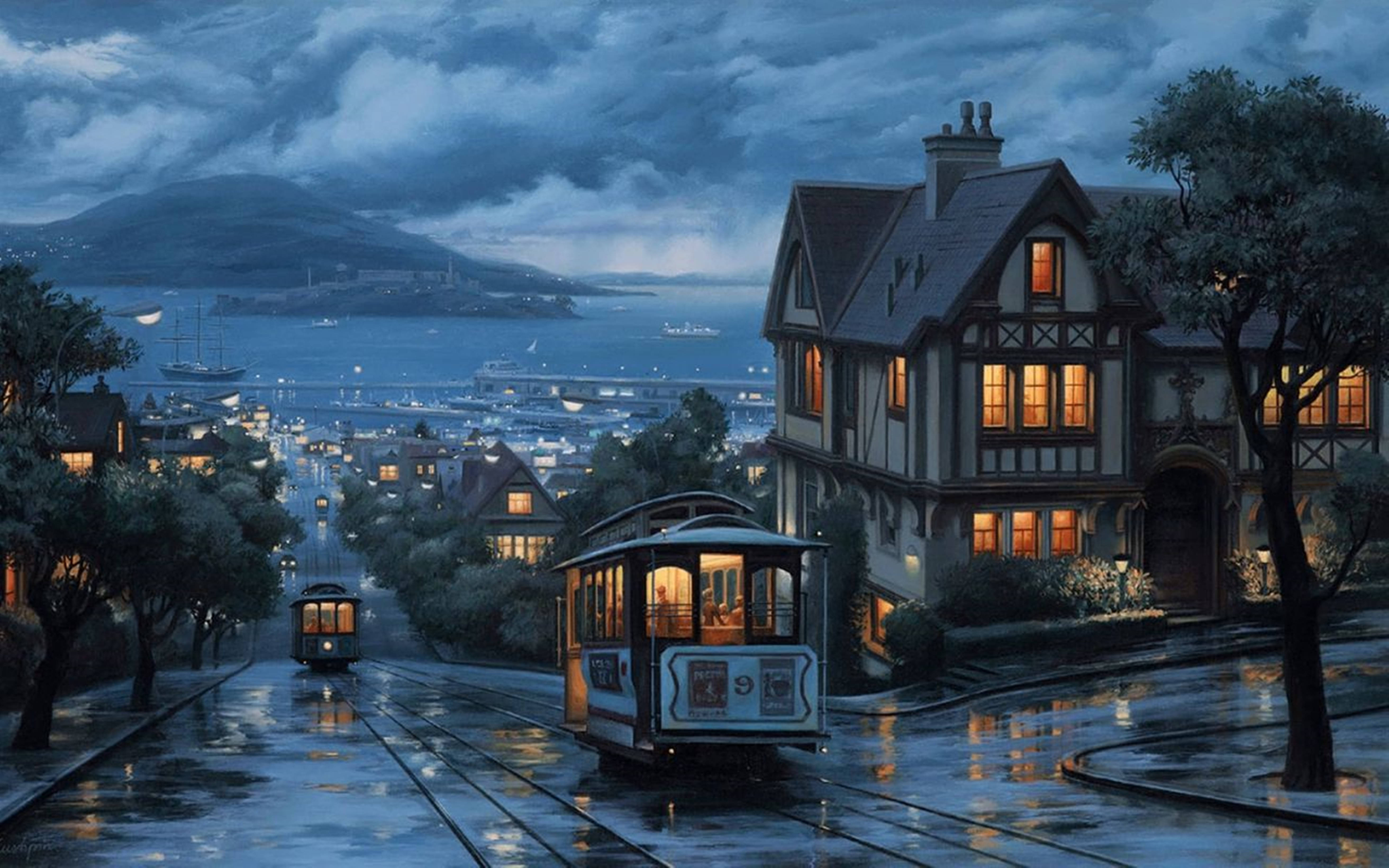 風景動圖 桌布 壁紙 — 黃昏時分，雨濕的街道上，發光的電車和溫暖照明的都鐸式房屋在濕漉漉的路面上倒映。