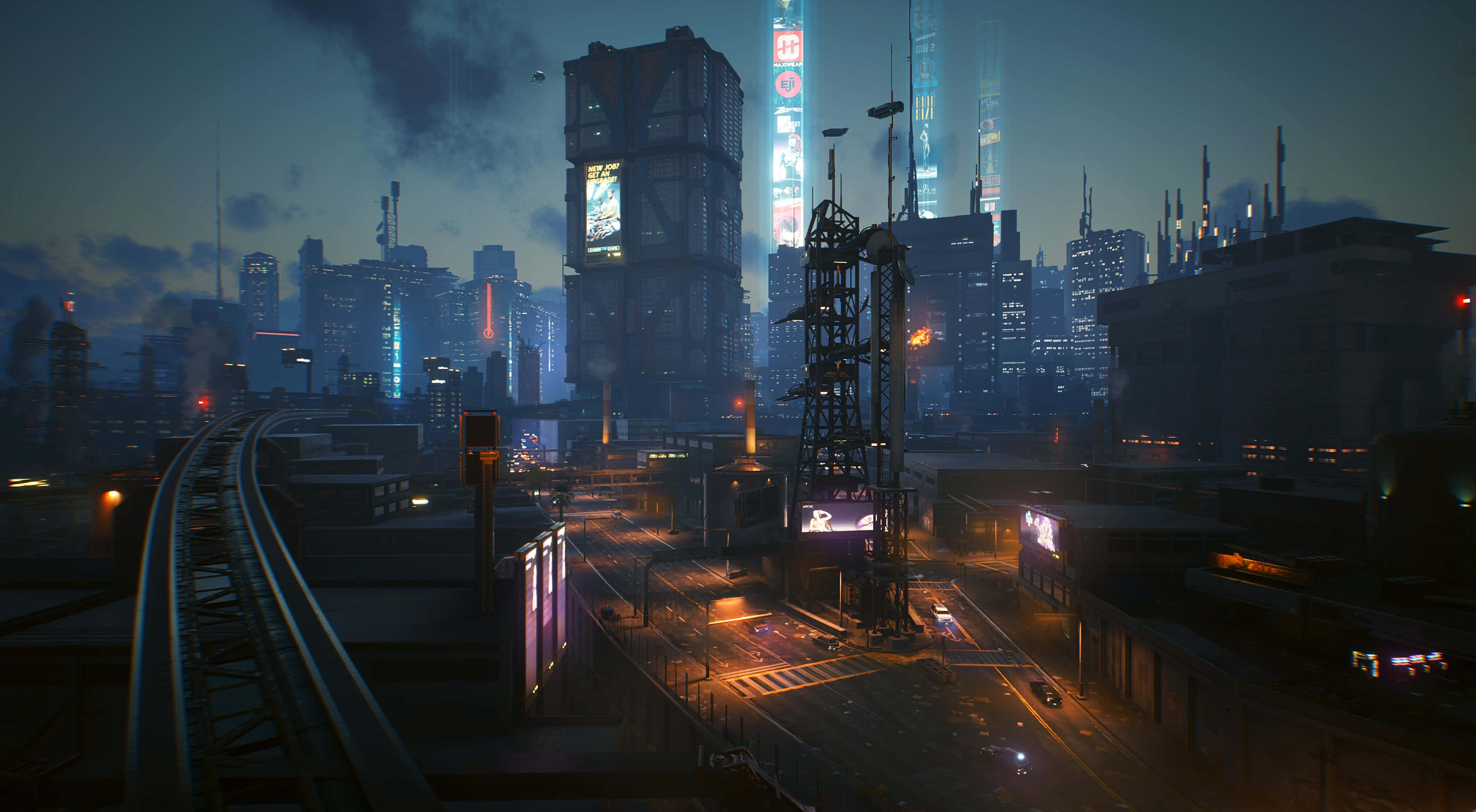 Sci Fi Games 桌布 壁紙 — 黃昏時分，雨濕的霓虹燈賽博朋克城市景觀，高聳的摩天大樓在煙霧繚繞的暮色天空下閃耀。