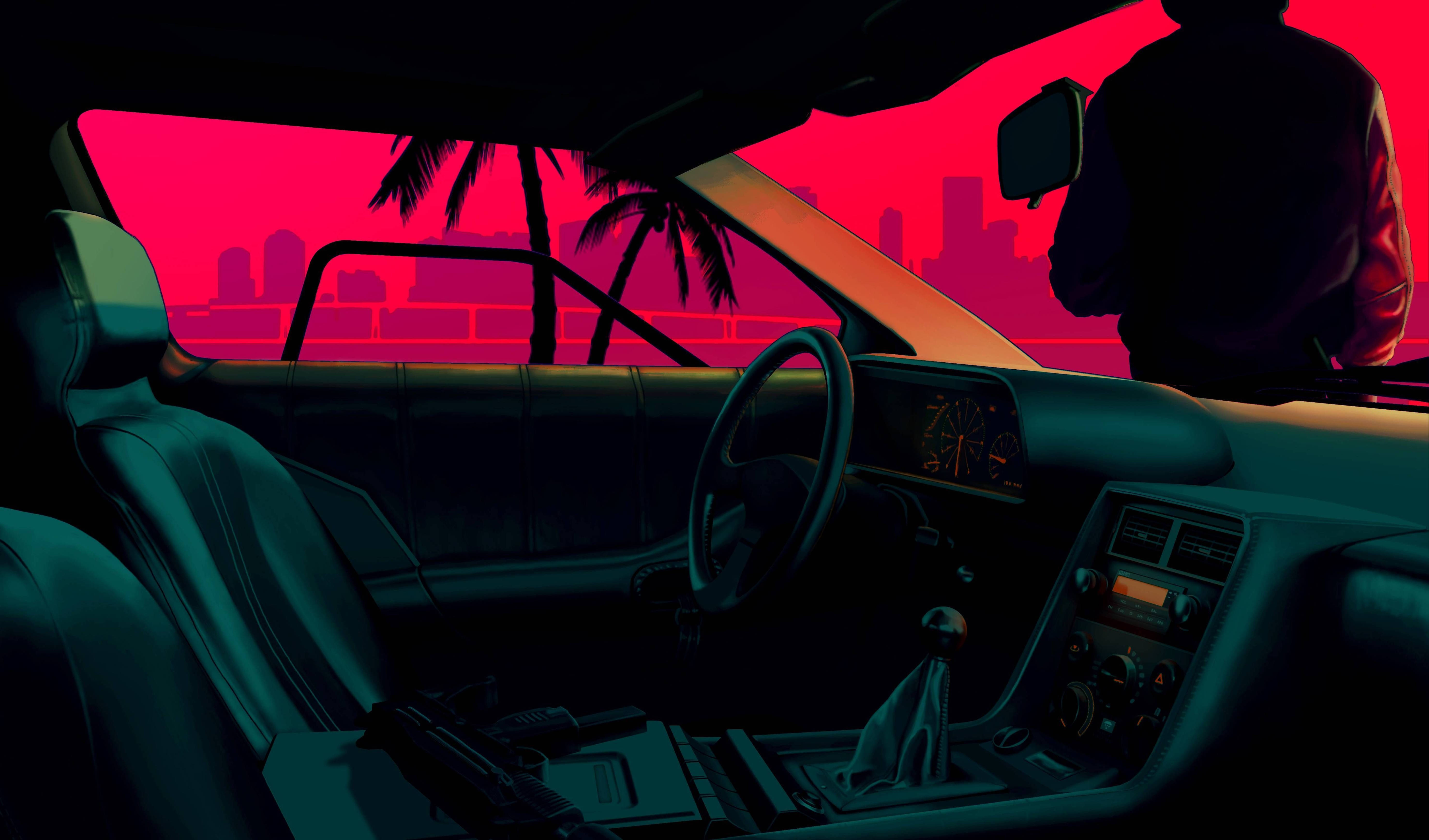 Retro 桌布 壁紙 — 黃昏時分，霓虹燈光籠罩的車內，司機的剪影映襯著充滿活力的粉紅色城市天際線和棕櫚樹。