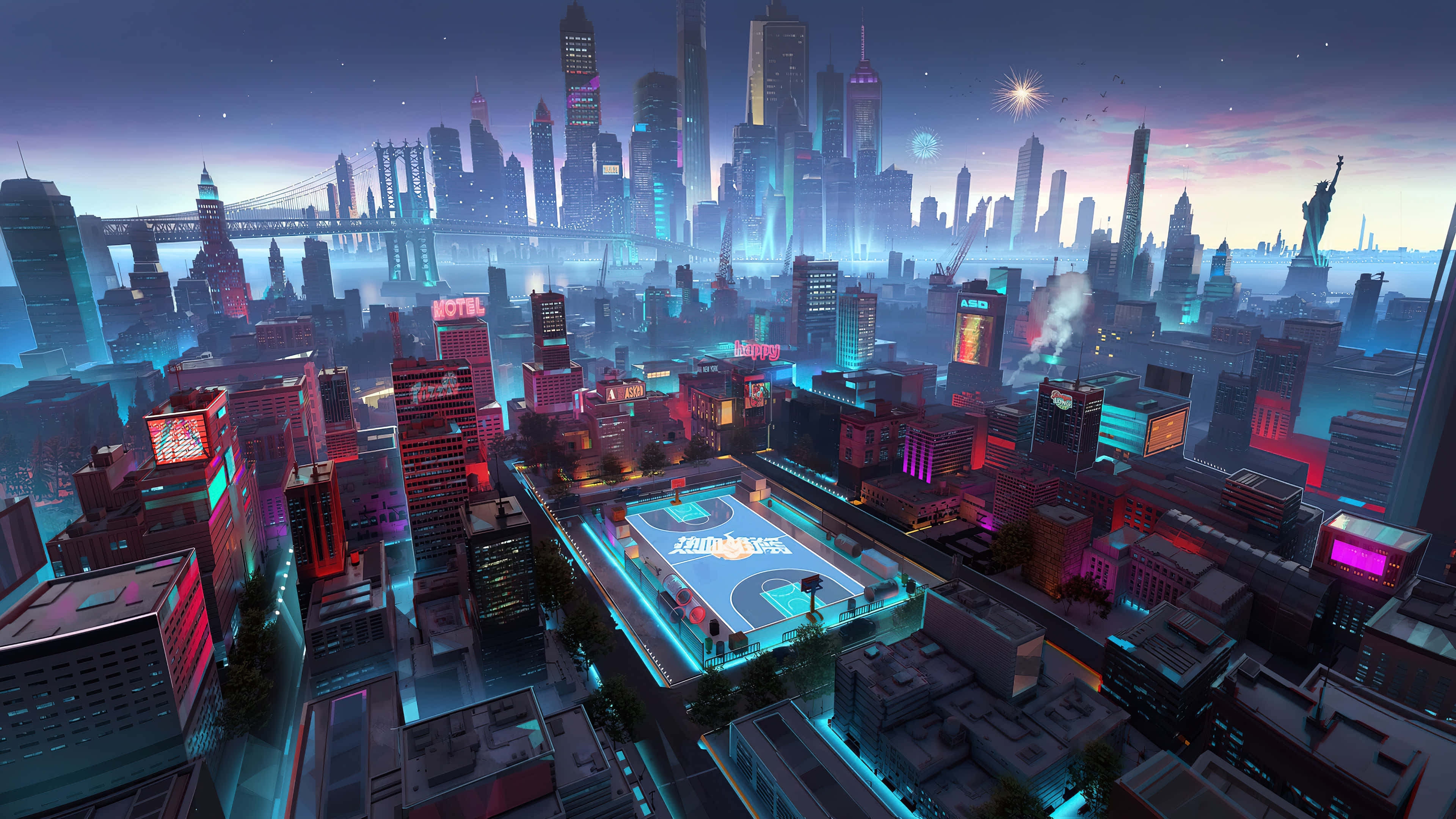 3d City 桌布 壁紙 — 黃昏時分，霓虹燈閃爍的未來城市景觀，發光的摩天大樓和屋頂籃球場。