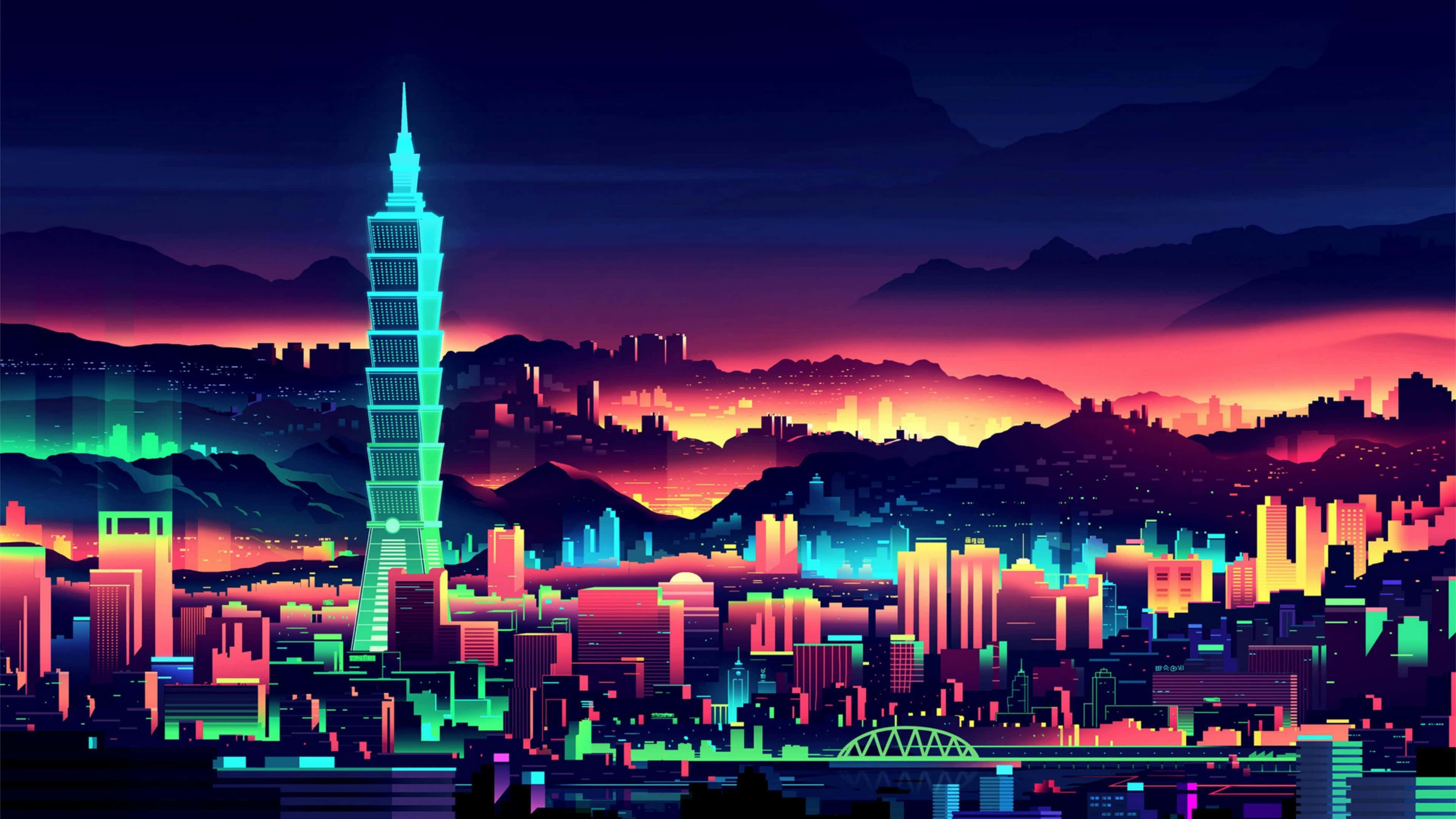 Neon Lights 桌布 壁紙 — 黃昏時分，霓虹燈閃爍的未來城市景觀，摩天大樓和高聳的尖塔在漸變色的天空下閃耀。