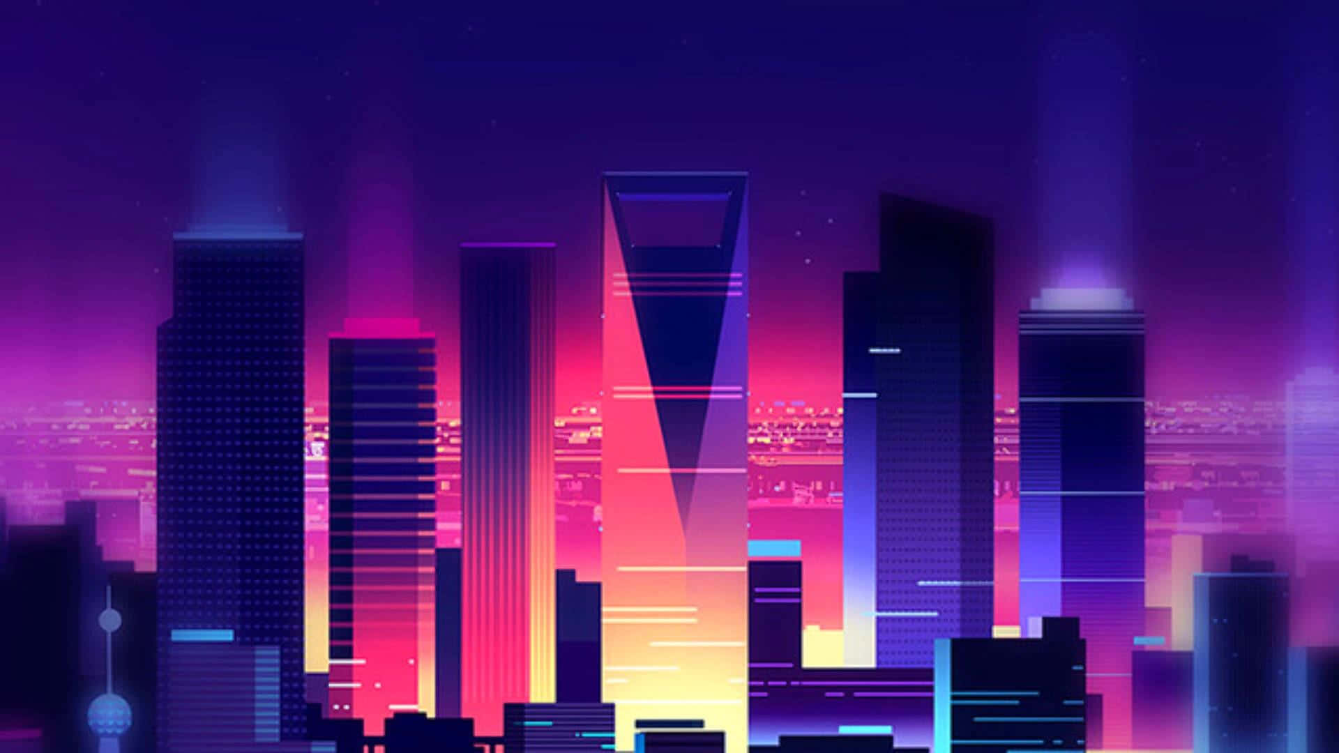 80s Retro 桌布 壁紙 — 黃昏時分，霓虹燈閃爍的未來城市景觀，高聳的摩天大樓在繁星點點的夜空下閃耀著電光紫、粉紅和黃色。