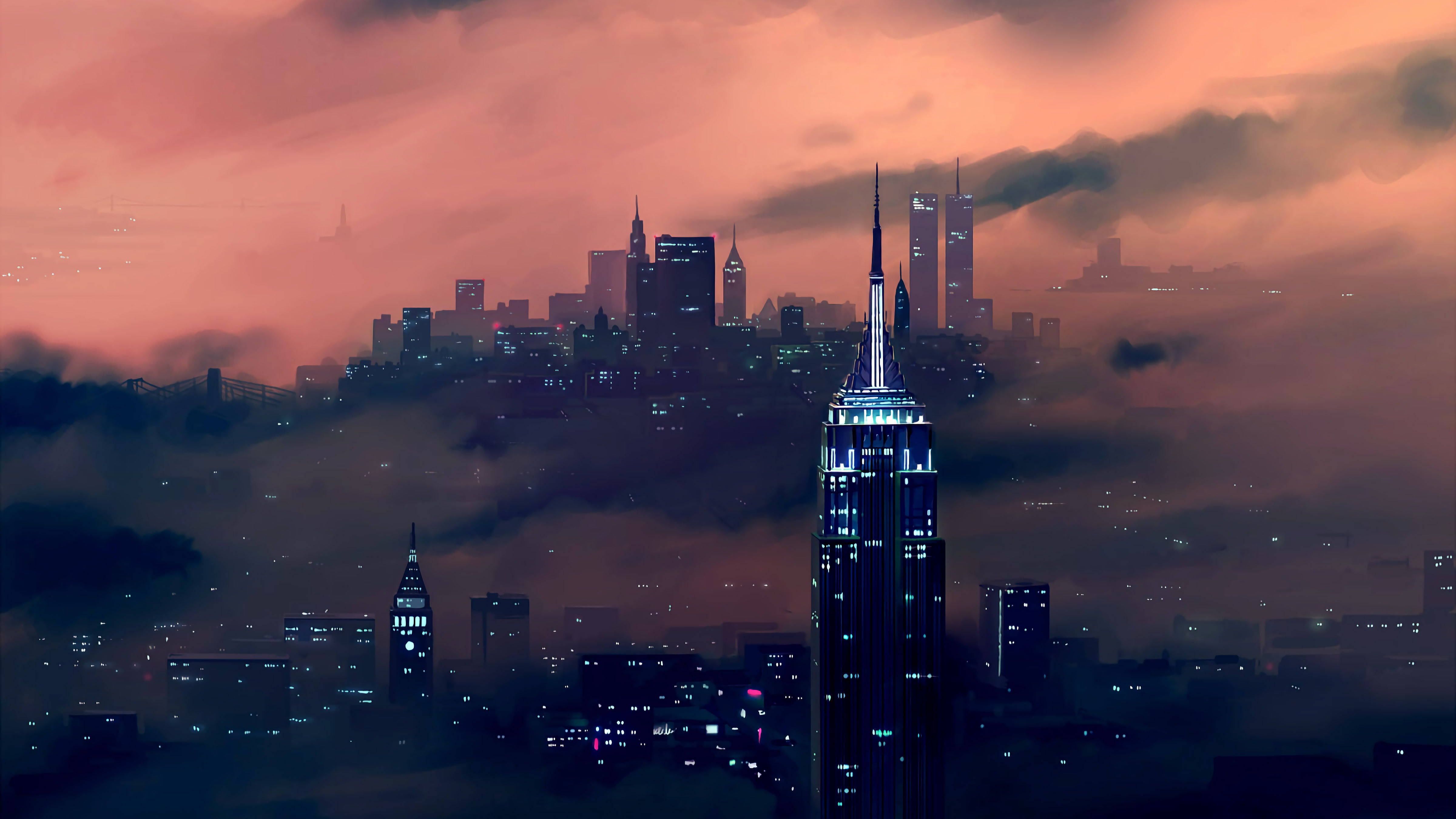 new york 4K 桌布 壁紙 — 黃昏時分，霧氣瀰漫的城市天際線，發光的摩天大樓穿透橙色和紫色的雲層。