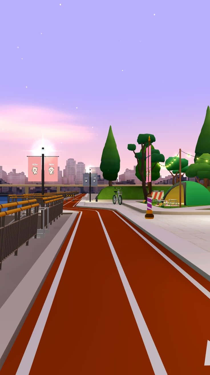 Zepeto 桌布 壁紙 — 黃昏時分充滿活力的3D渲染城市單車徑，發光的樹木和遠處的摩天大樓在粉彩天空下。