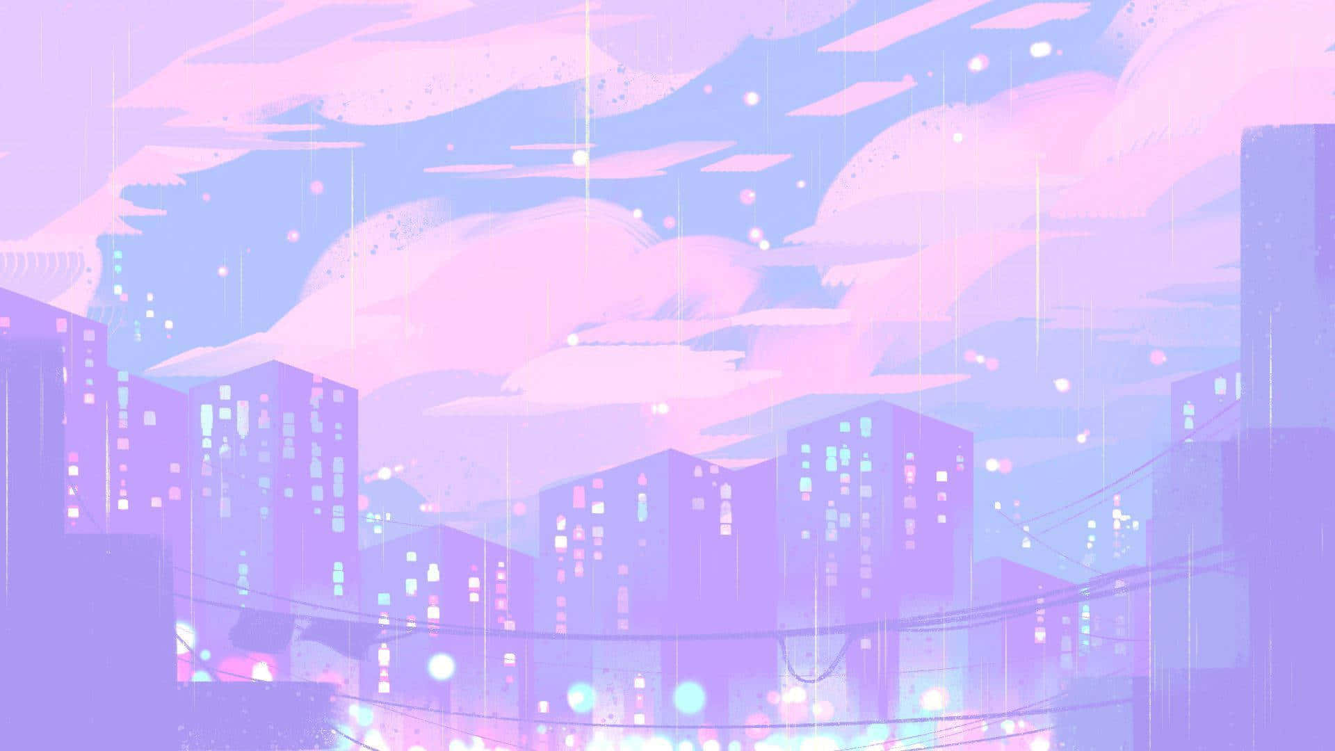 Purple Anime 桌布 壁紙 — 黃昏時分夢幻的紫色和粉紅色城市景觀，發光的窗戶和柔和的雨水落在風格化的建築物上。