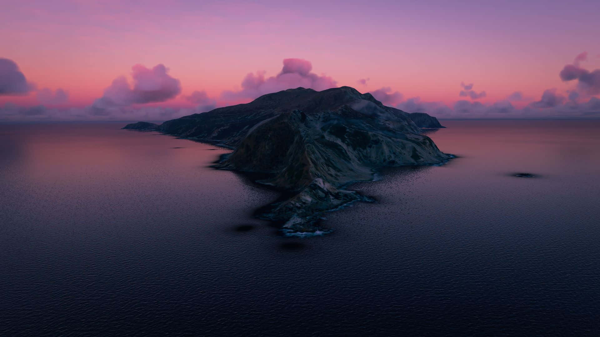 黃昏時分的火山島，粉紫色天空和平靜的海面。