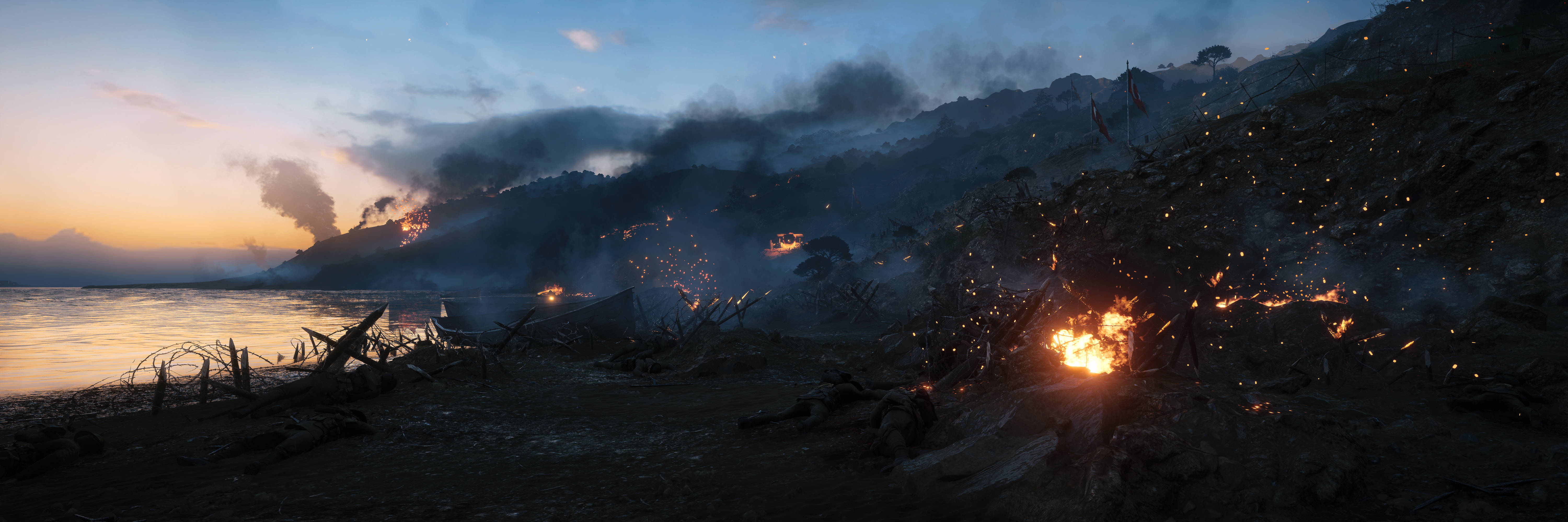Battlefield 1 HD 桌布 壁紙 — 黃昏時分火熱的景觀，平靜水域附近燃燒的碎片中升起發光的餘燼和煙霧。