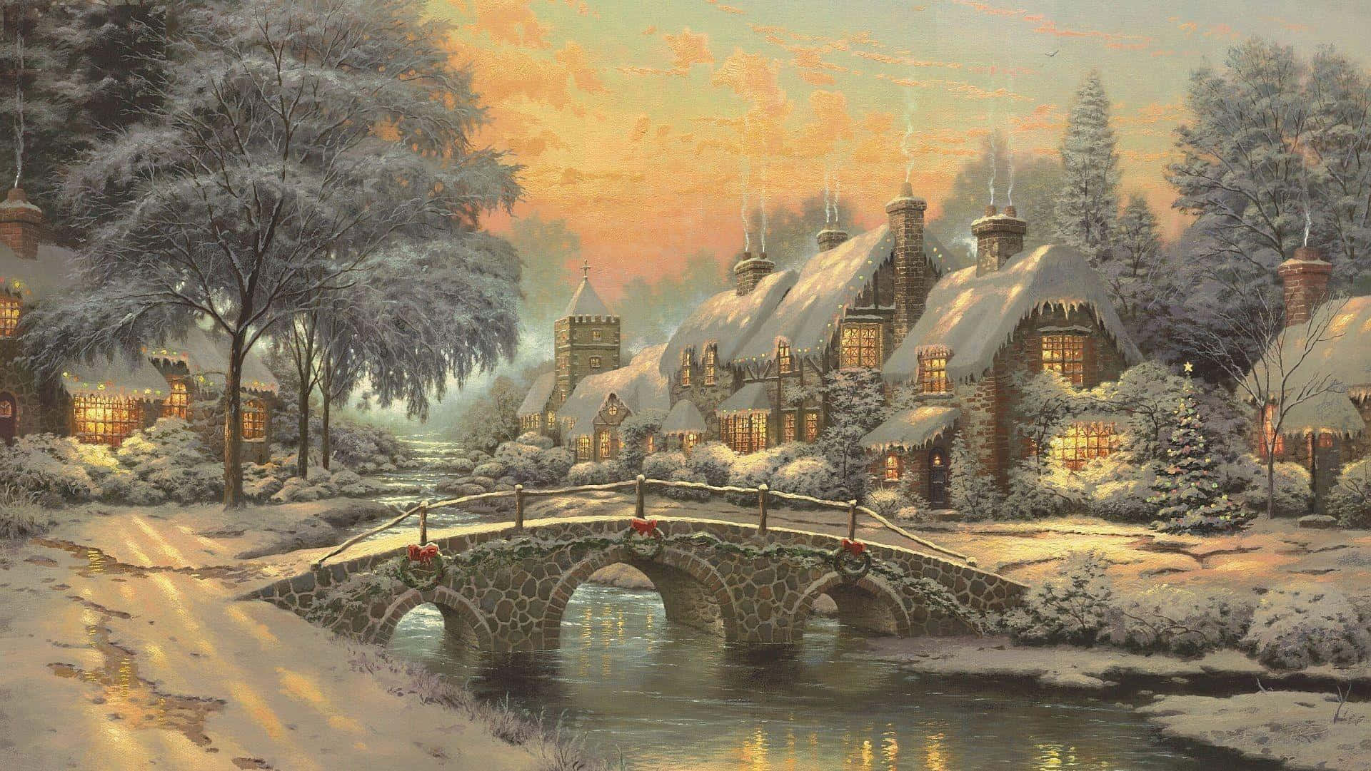 Winter Painting 桌布 壁紙 — 黃昏時分白雪覆蓋的村莊，溫暖發光的窗戶和一座橫跨平靜河流的石橋。