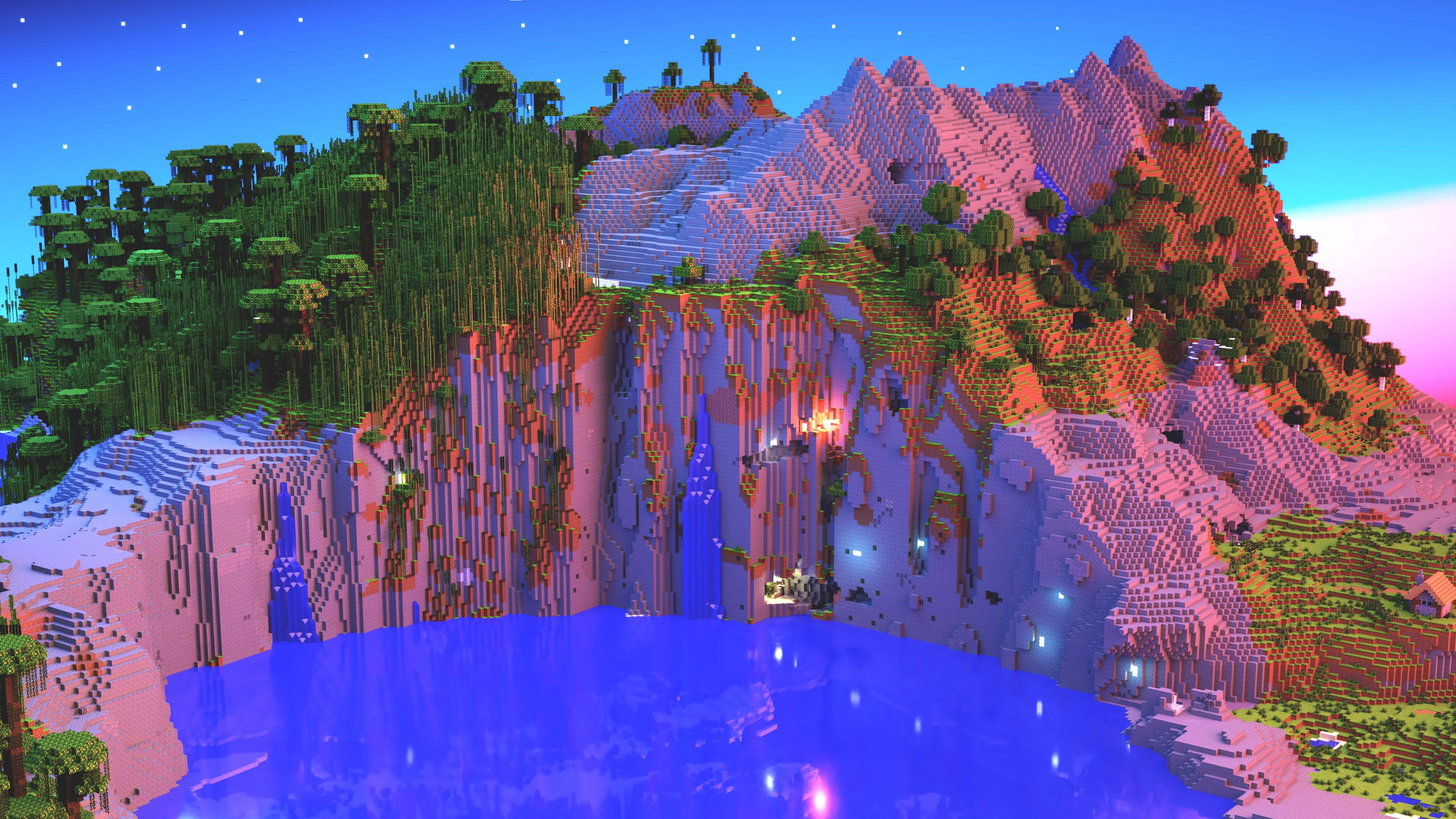 Mountain Landscape 桌布 壁紙 — 黃昏時分的Minecraft景觀，有像素化的山脈、森林和星空下發光的藍色湖泊。