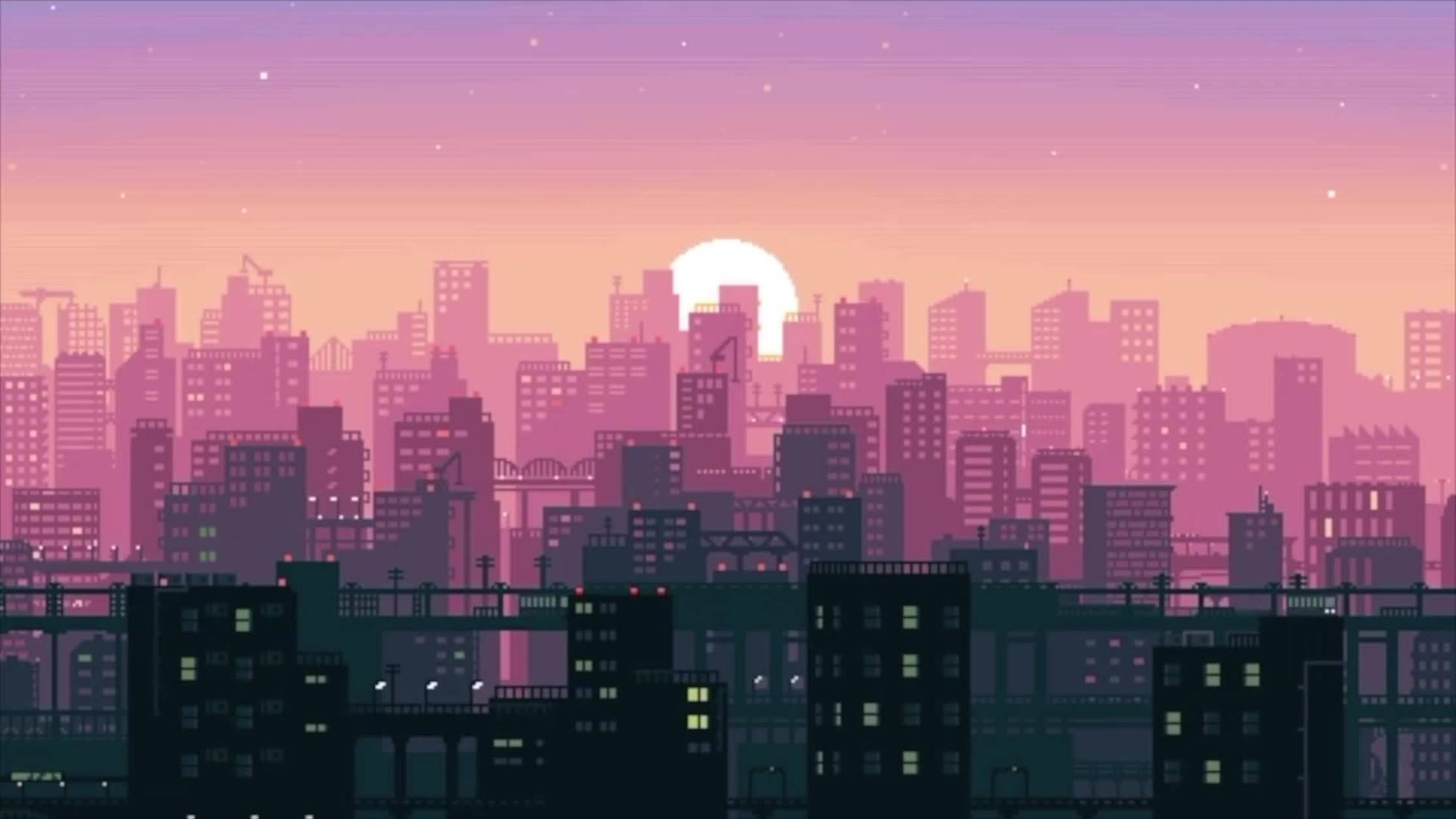 日落 桌布 壁紙 — 黃昏時分的像素藝術城市景觀，夕陽在摩天大樓後方閃耀，下方窗戶亮起燈光。