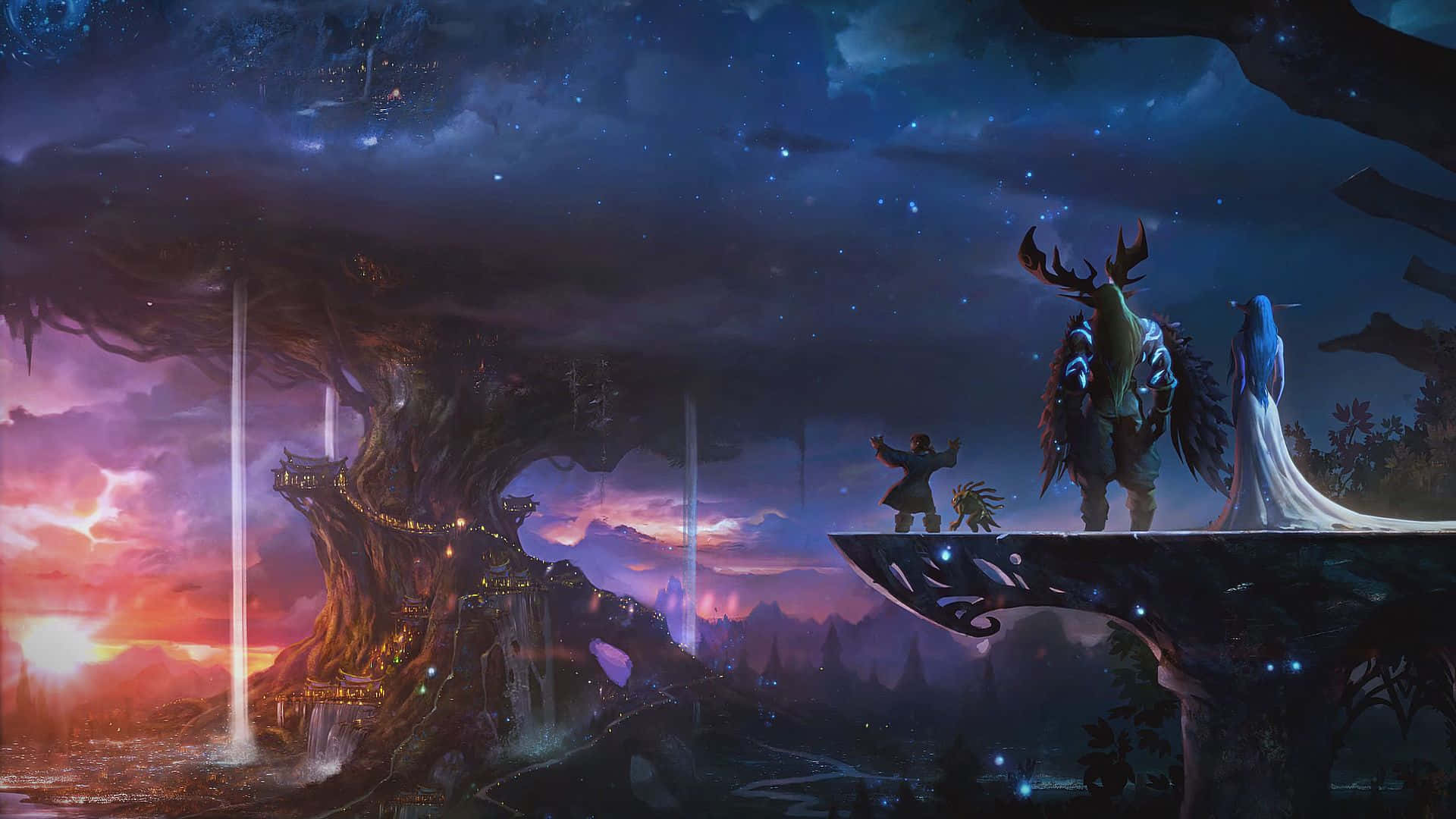 魔獸世界 桌布 壁紙 — 黃昏時分的奇幻場景，三個人物站在一個漂浮的平台上，下方是一棵巨大的樹，有發光的瀑布和星空。
