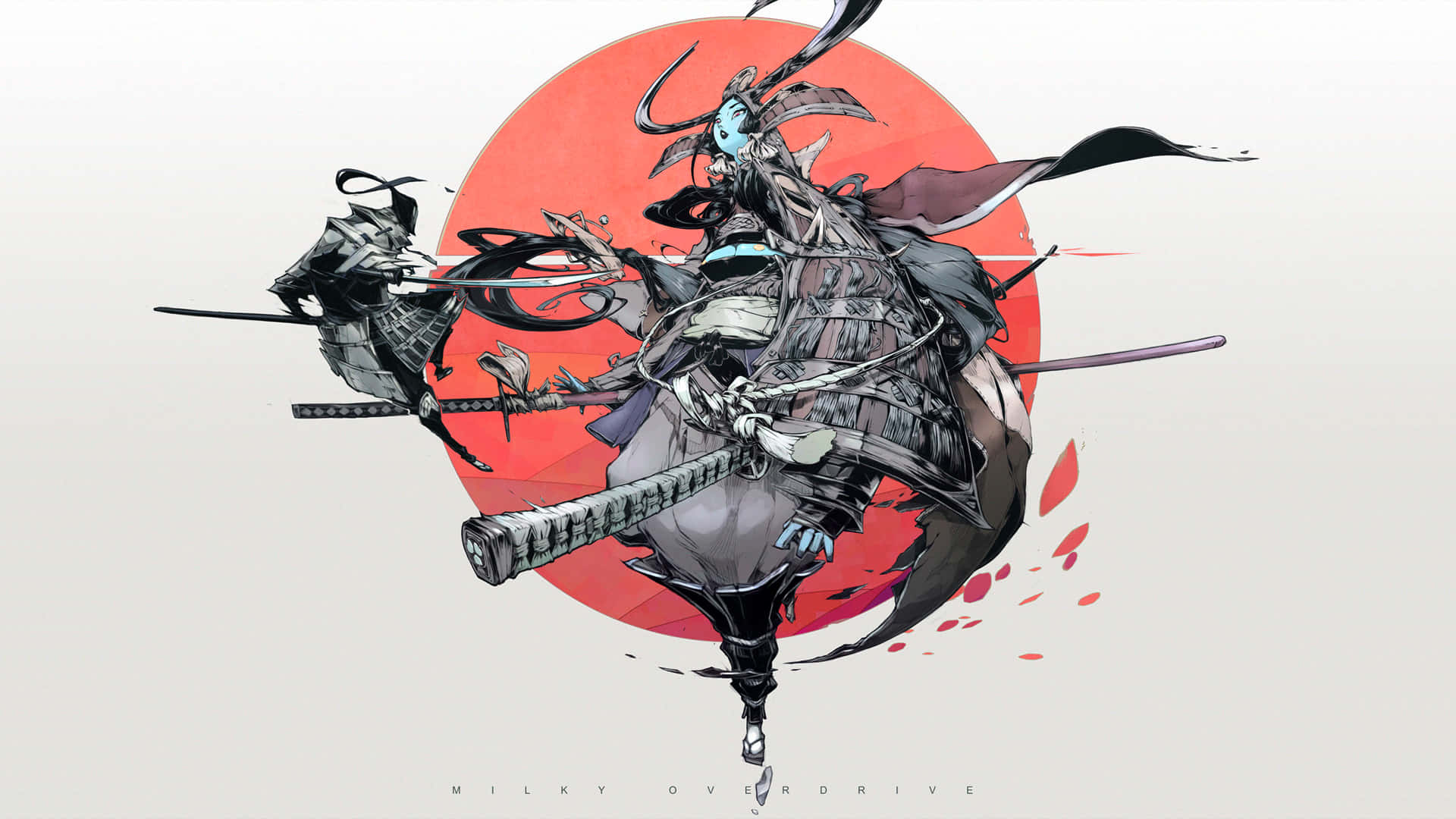 穿著盔甲的動漫武士戰士，手持劍跳躍對抗紅色太陽。