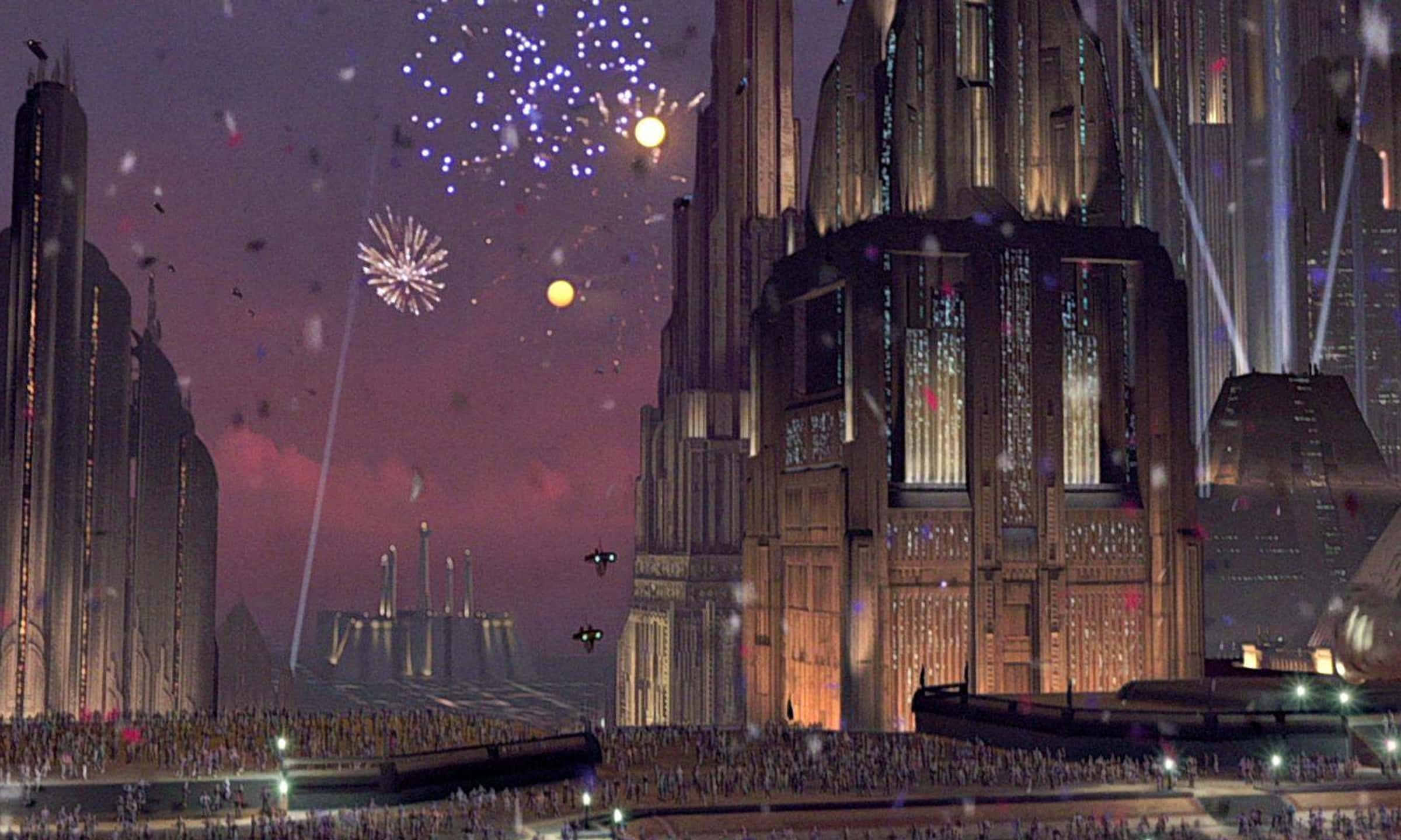 The Coruscant Underworld 桌布 壁紙 — 黃昏時分的未來城市天際線，高聳的建築物被煙花和漂浮的車輛照亮。