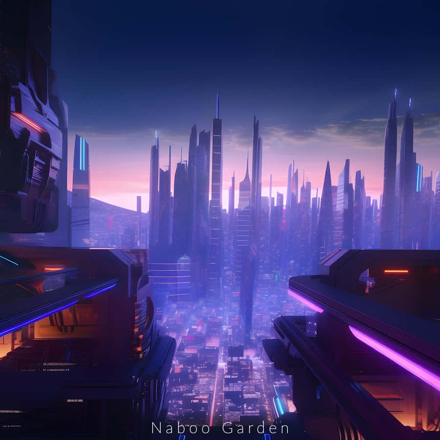 Naboo 桌布 壁紙 — 黃昏時分的未來城市景觀，高聳的尖塔閃爍著紫色和粉紅色的霓虹燈光。