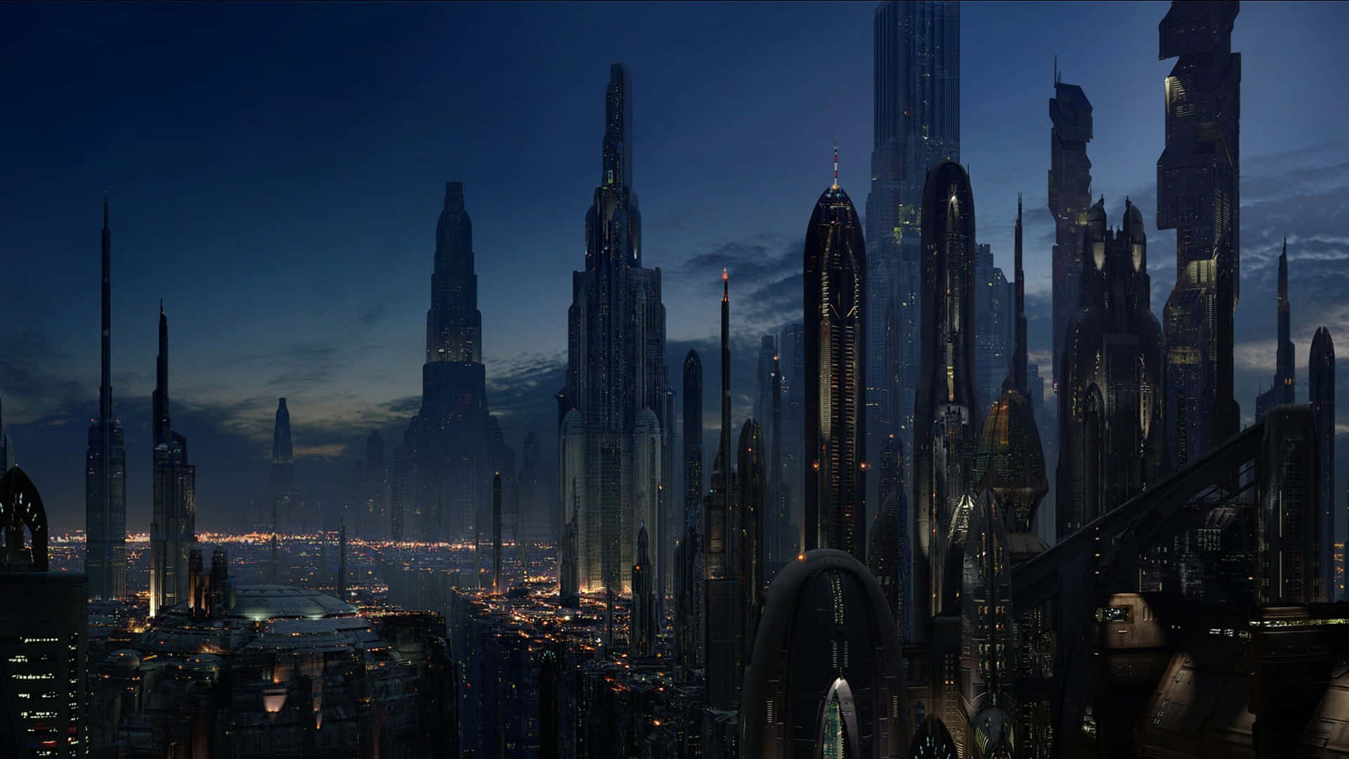 Coruscant 桌布 壁紙 — 黃昏時分的未來城市景觀，高聳的摩天大樓在深藍色天空下閃耀。