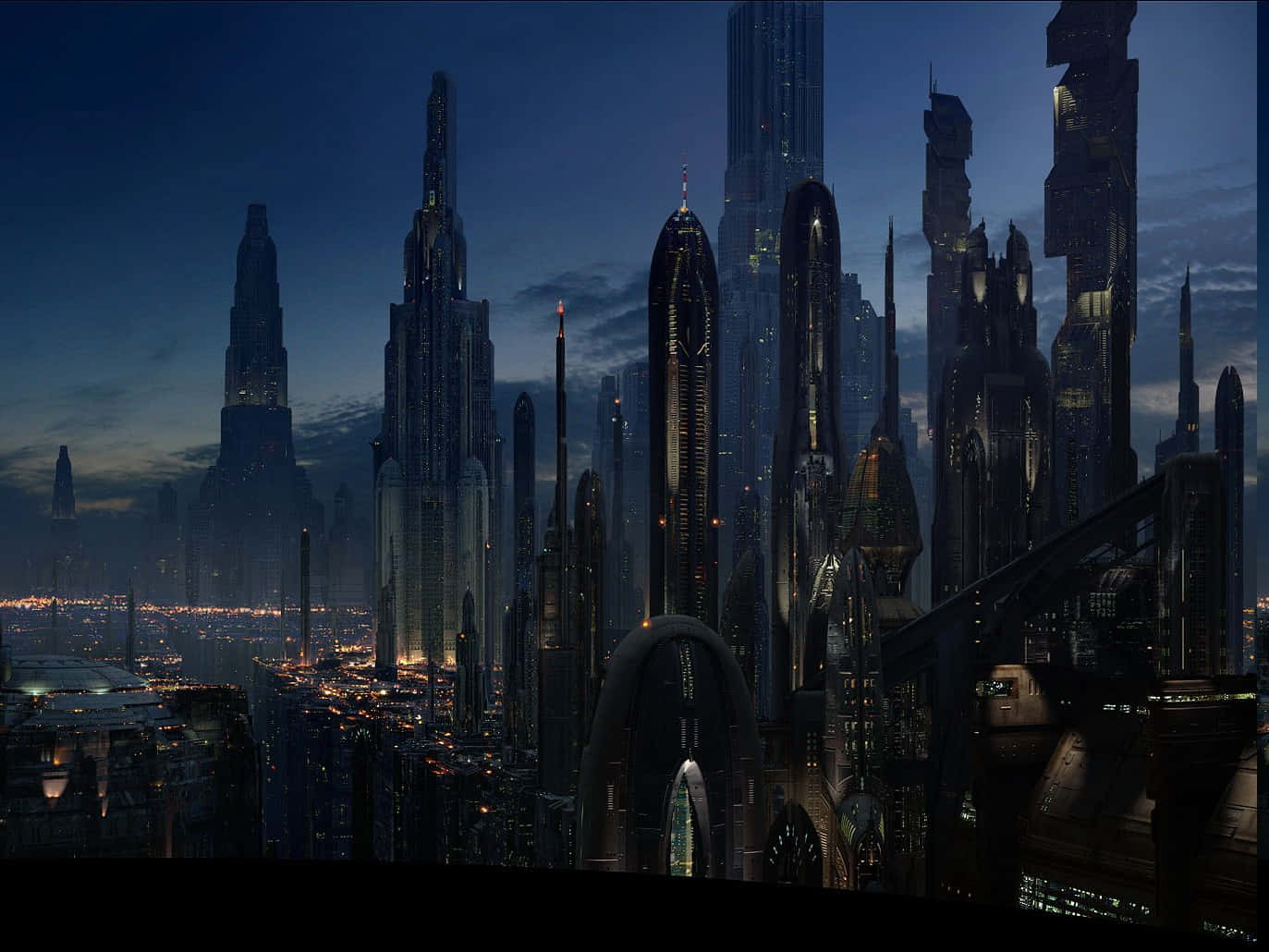 Naboo 桌布 壁紙 — 黃昏時分的未來城市景觀，高聳的摩天大樓在深藍色天空下閃耀。