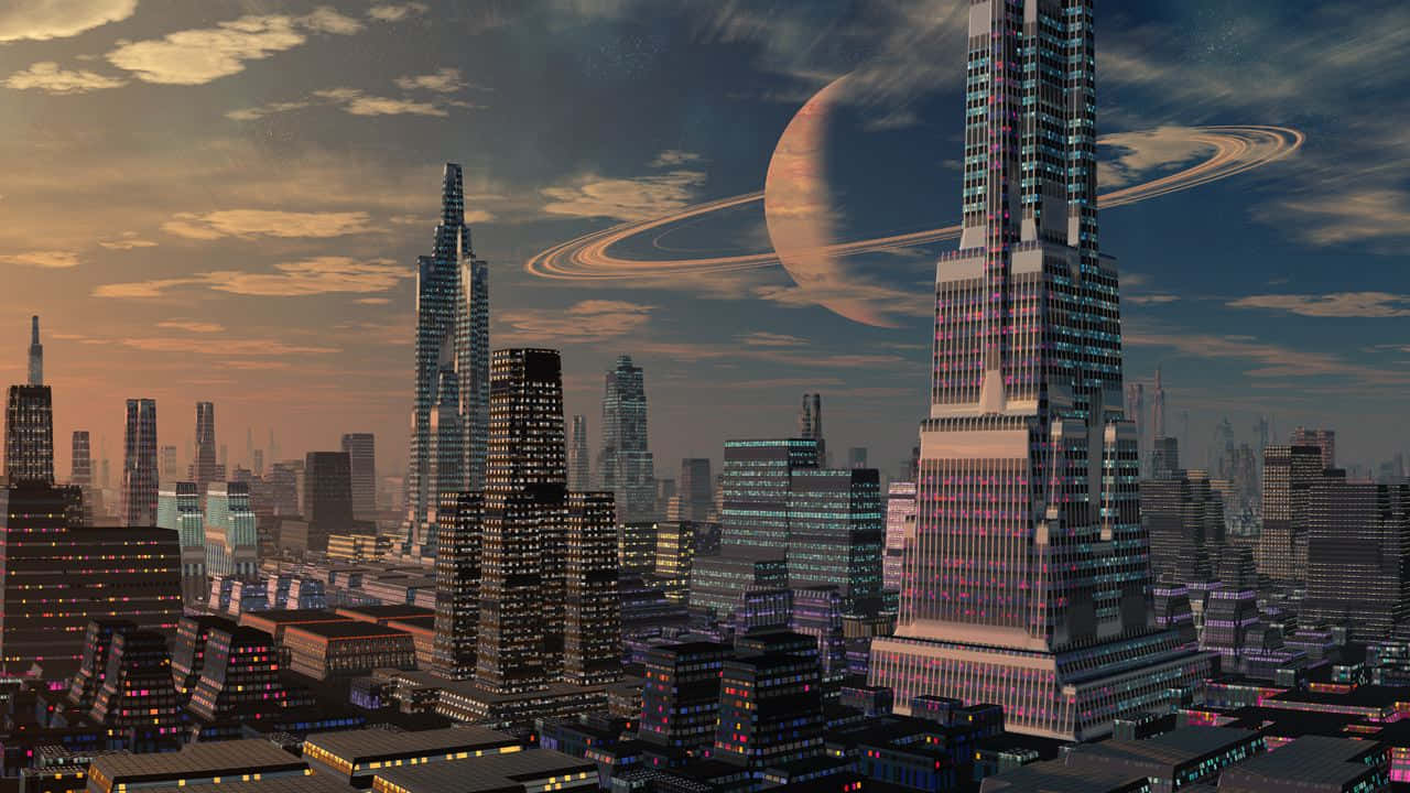 Space Colonization 桌布 壁紙 — 黃昏時分的未來城市景觀，高聳的摩天大樓和一個帶光環的行星在暮色天空中閃耀。