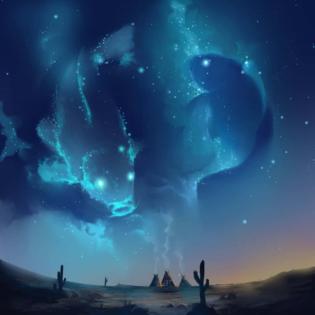 雙魚座 桌布 壁紙 — 黃昏時分的沙漠景觀，在星空下，發光的藍色極光在帳篷和仙人掌上空盤旋。