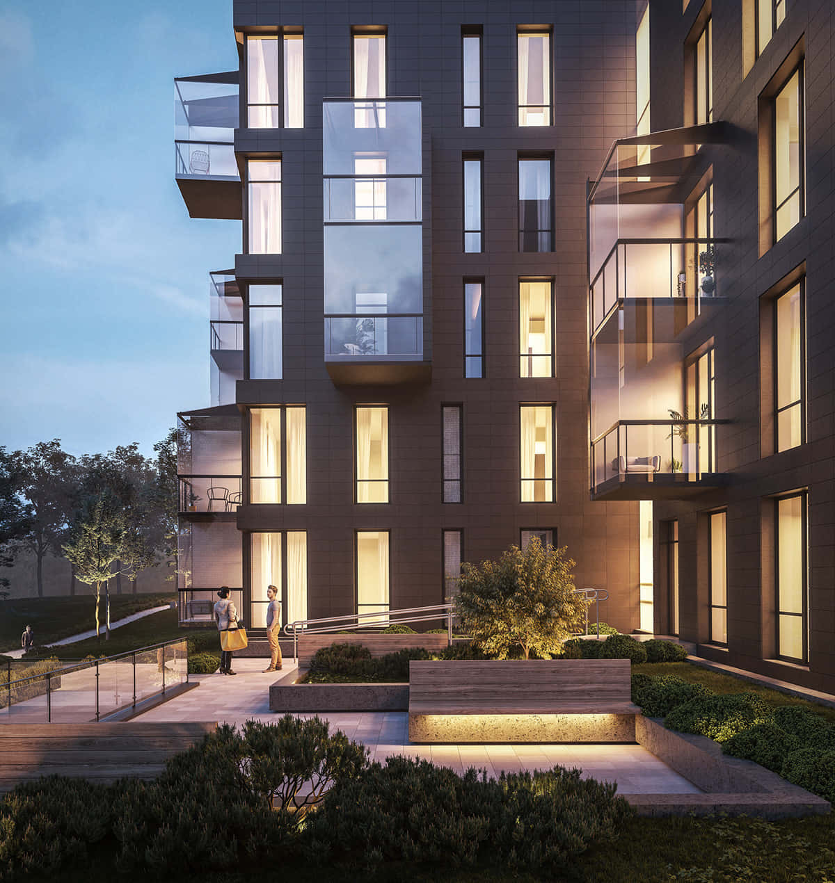 Apartment 桌布 壁紙 — 黃昏時分的現代公寓大樓，溫暖的室內燈光透過玻璃陽台和窗戶閃耀。