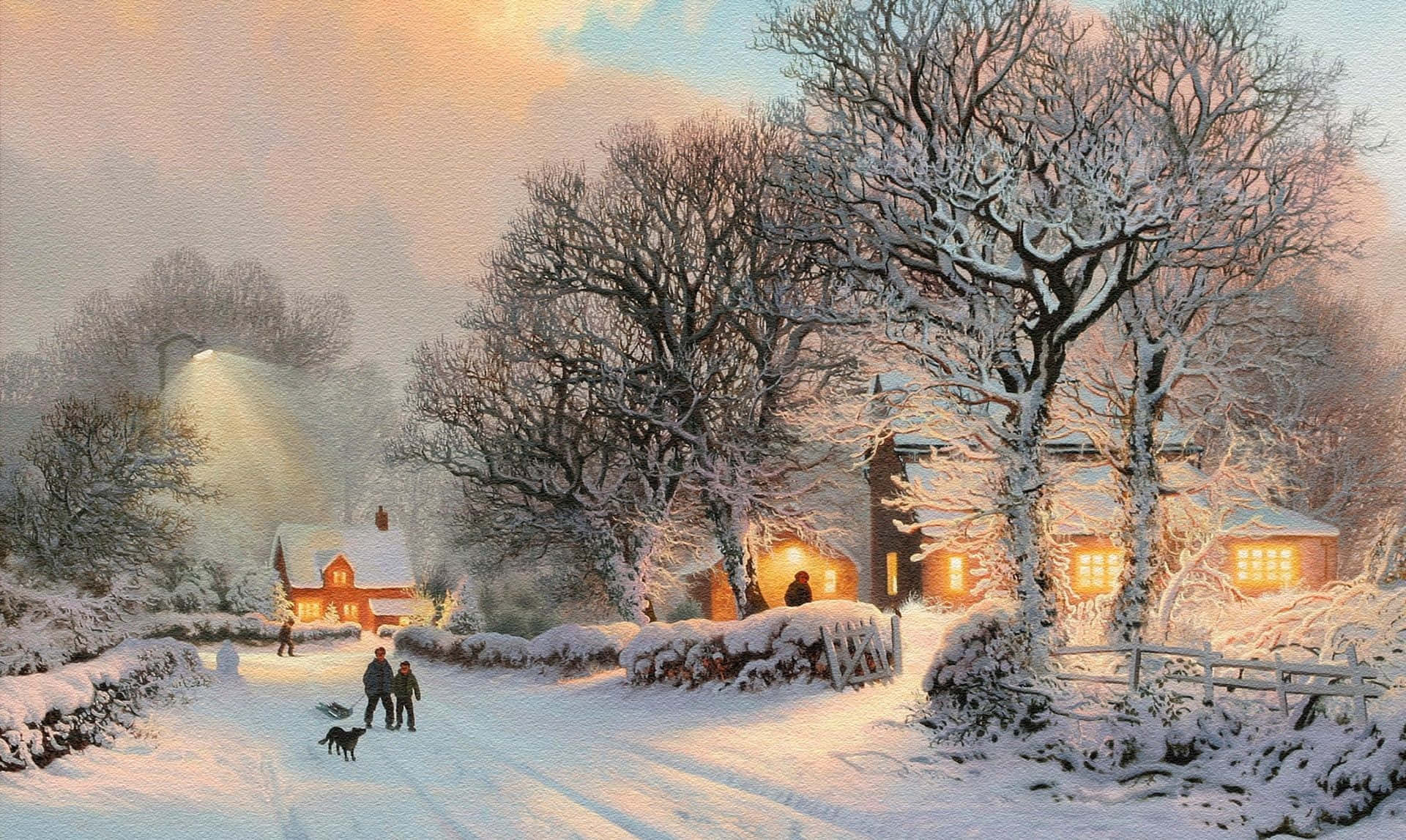 Winter Painting 桌布 壁紙 — 黃昏時分的雪村，溫暖燈光的村舍，人們在柔和的金色天空下遛狗。