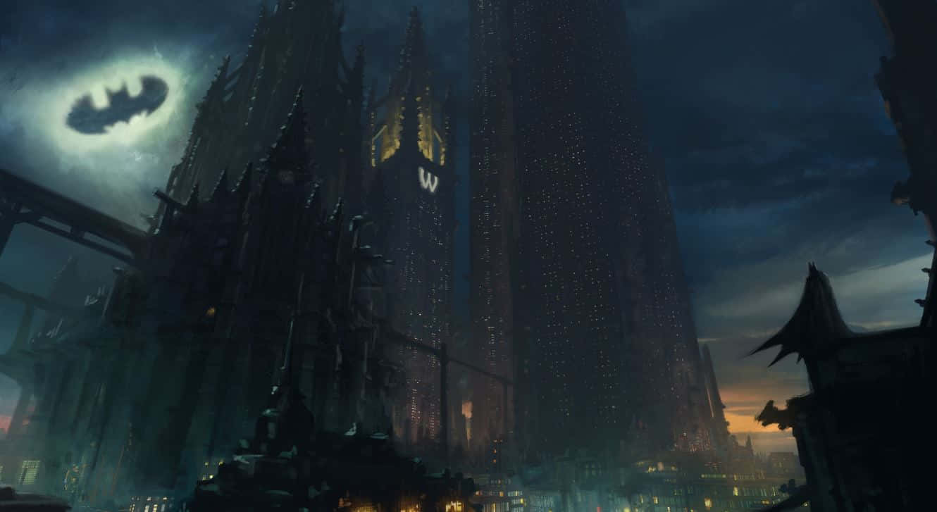 Gotham City 桌布 壁紙 — 黃昏時分葛咸城天際線，蝙蝠俠標誌在月光照耀的天空中閃耀，高聳的哥德式建築。