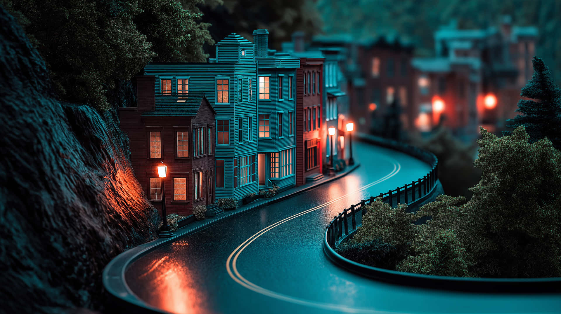 夜晚的彎曲道路，色彩繽紛的房屋和發光的燈光反射在潮濕的路面上。