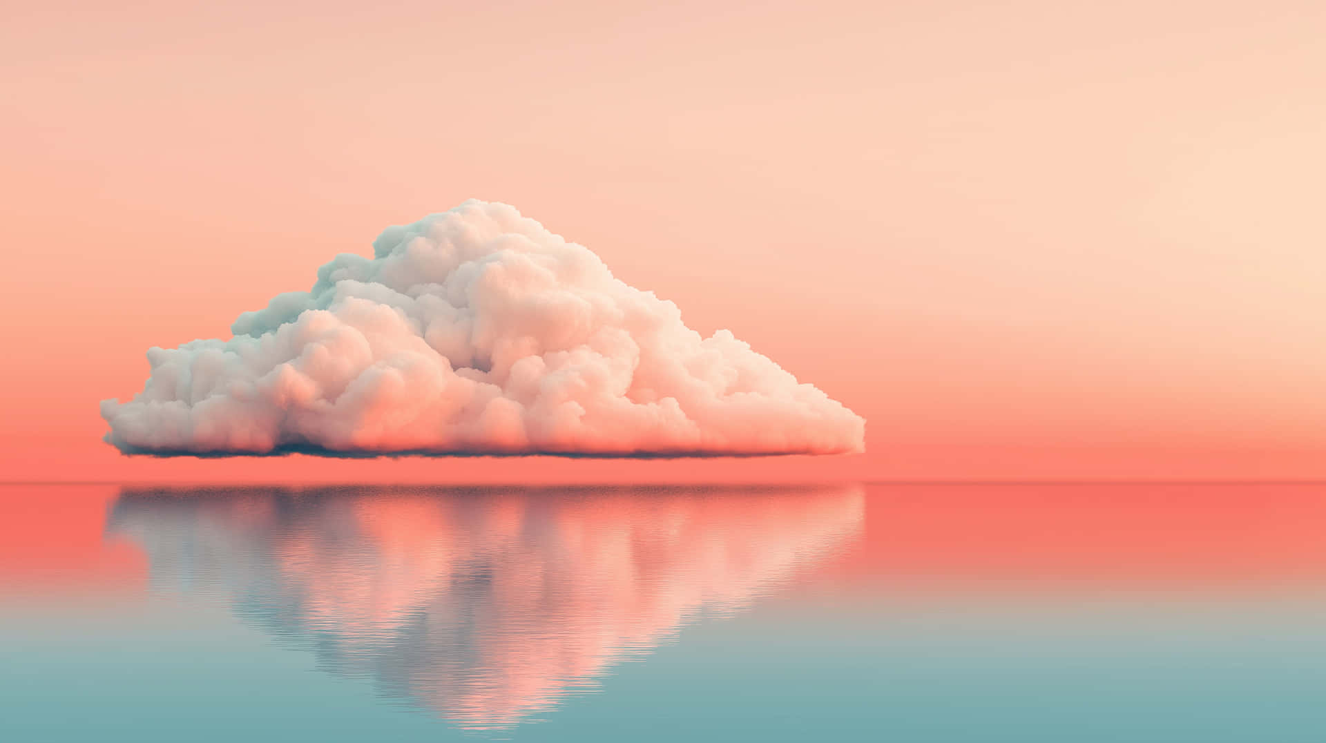 黃昏時分雲影倒映寧靜海洋 壁紙 — 一朵蓬鬆的雲朵靜靜地漂浮在平靜的水面上，水面映照出日落時分柔和的粉紅色和藍綠色調。