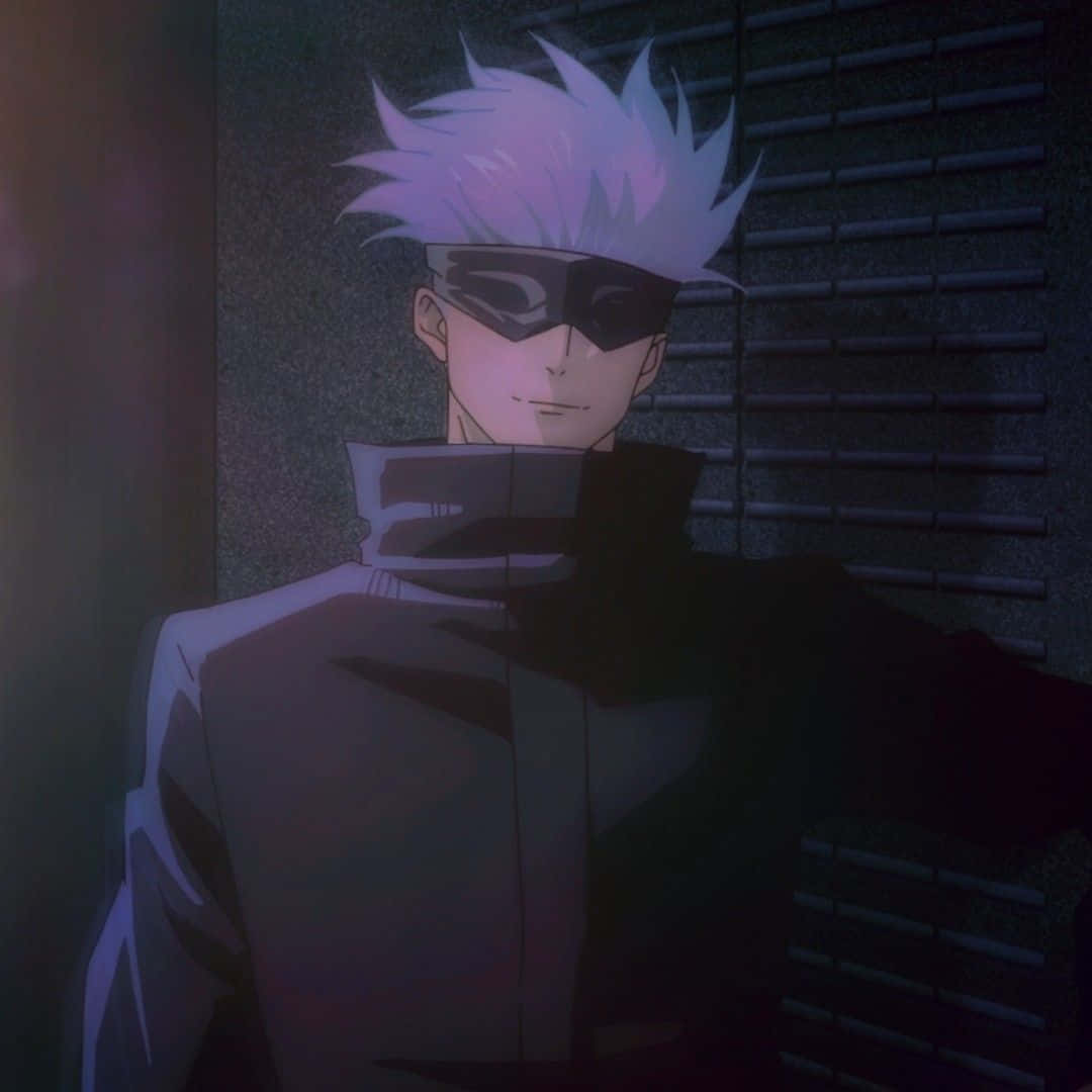 紫色頭髮和黑色眼罩的動漫角色在陰暗的房間裡。