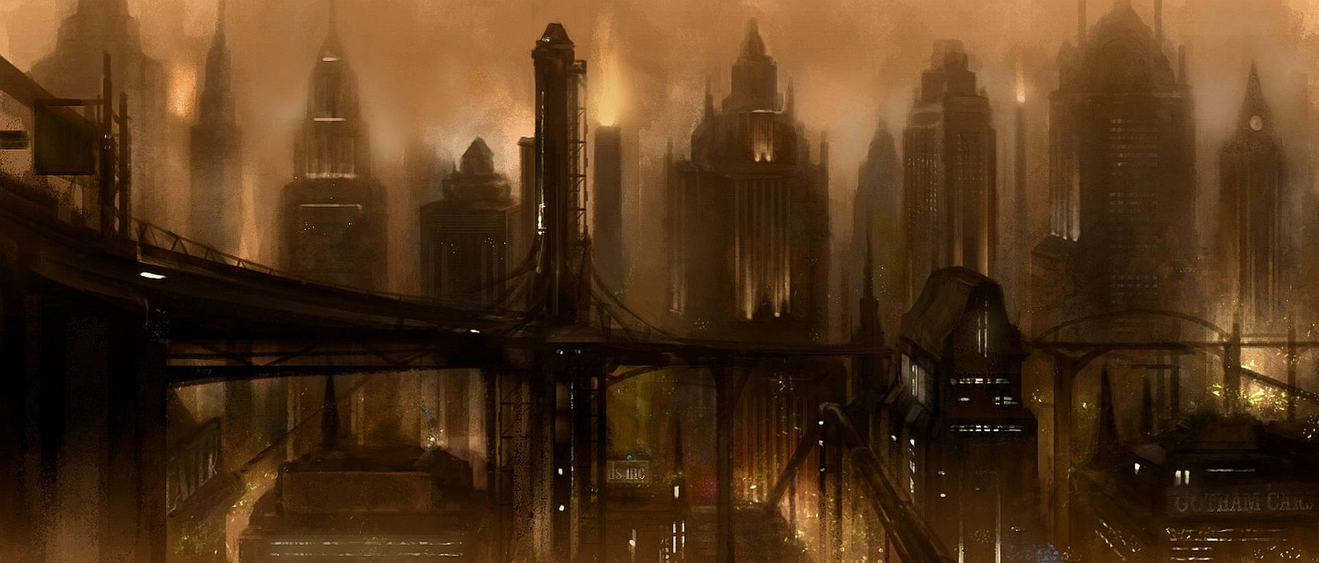 黃昏柔光城市藝術 壁紙 — 一個反烏托邦的高譚市夜景，高聳的摩天大樓在橙色霧霾下倒映在濕漉漉的街道上。