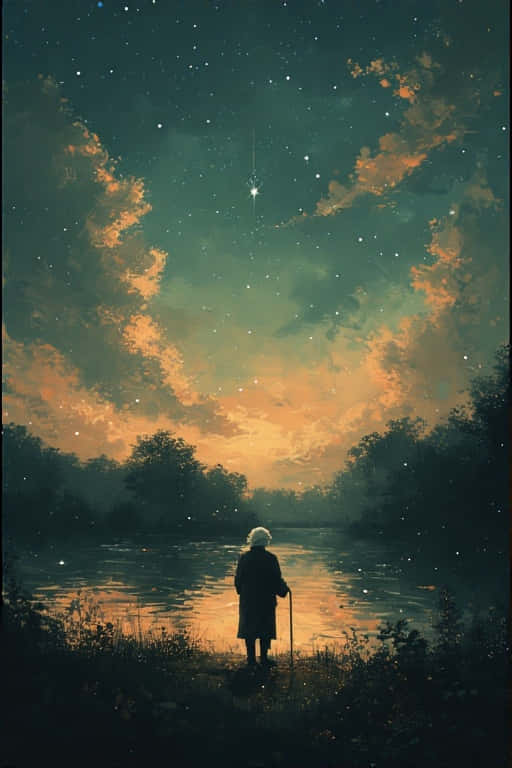 一位拿著拐杖的長者，在黃昏時分站在一條河邊，天空佈滿星星和橙色雲彩。